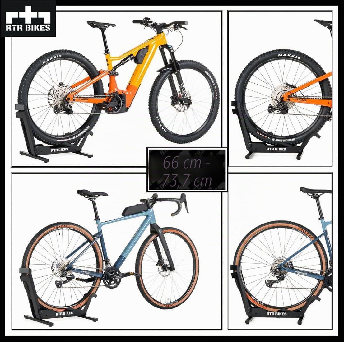 RTR BIKES Brutus Soporte Bicicleta Suelo Profesional – Base Robusta para E-Bike y MTB hasta 30kg – Acero Estable – Compatible Ruedas 26-29" y Neumáticos 2,8" – Made in EU