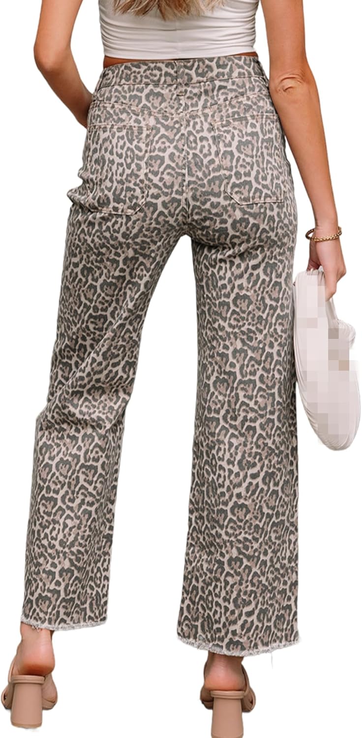 Women's Leopard Frayed Edge Denim Pants Wide Leg High Waist Cheetah Cargo Denim Pants