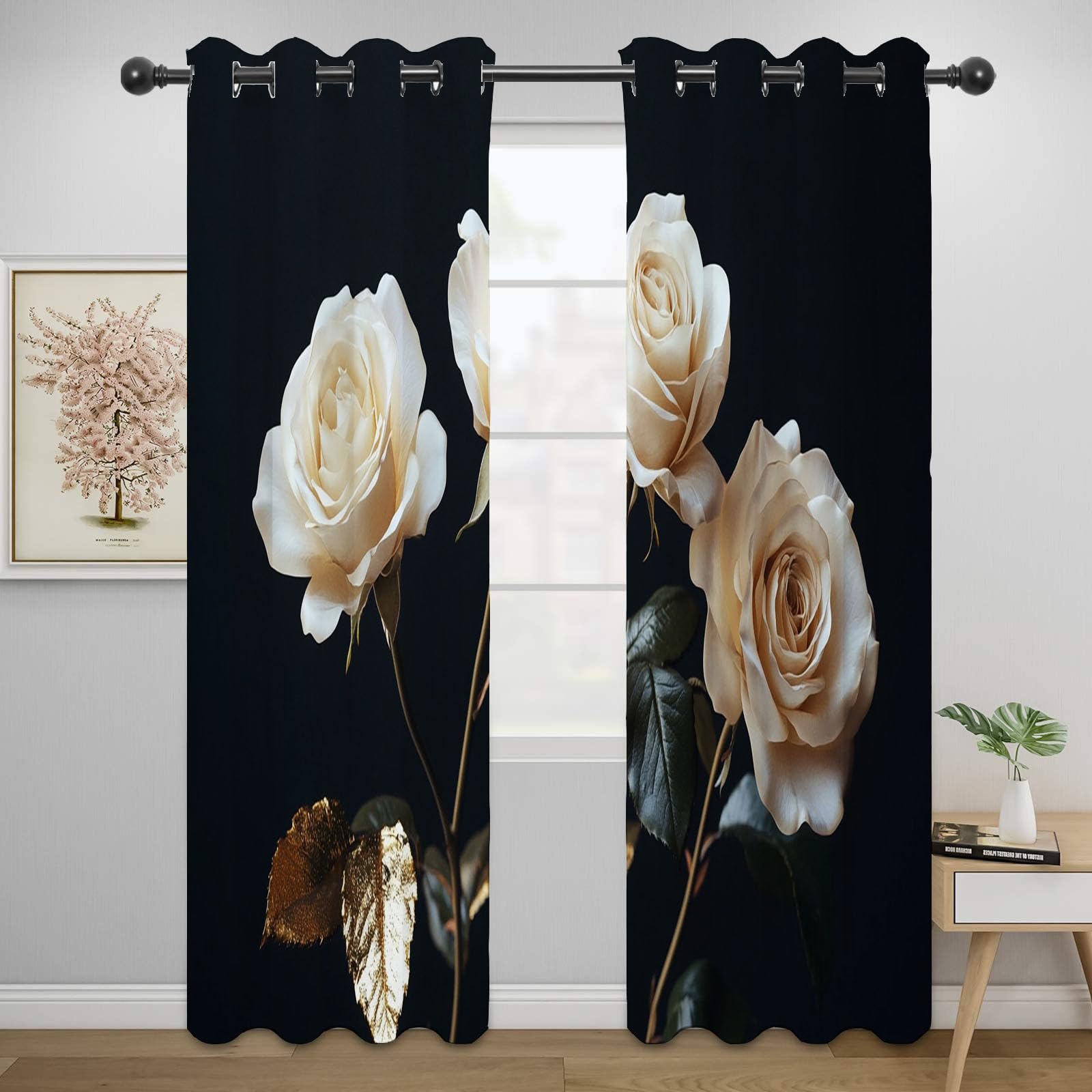 Boho Vintage Blumen Vorhänge Weißes Vintage-Blumenmuster Muster mit Ösen in Grau Schlaufenschal 2er Set für Wohnzimmer Schlafzimmer Kinderzimmer-H230 x B130 cm (2er Pack)