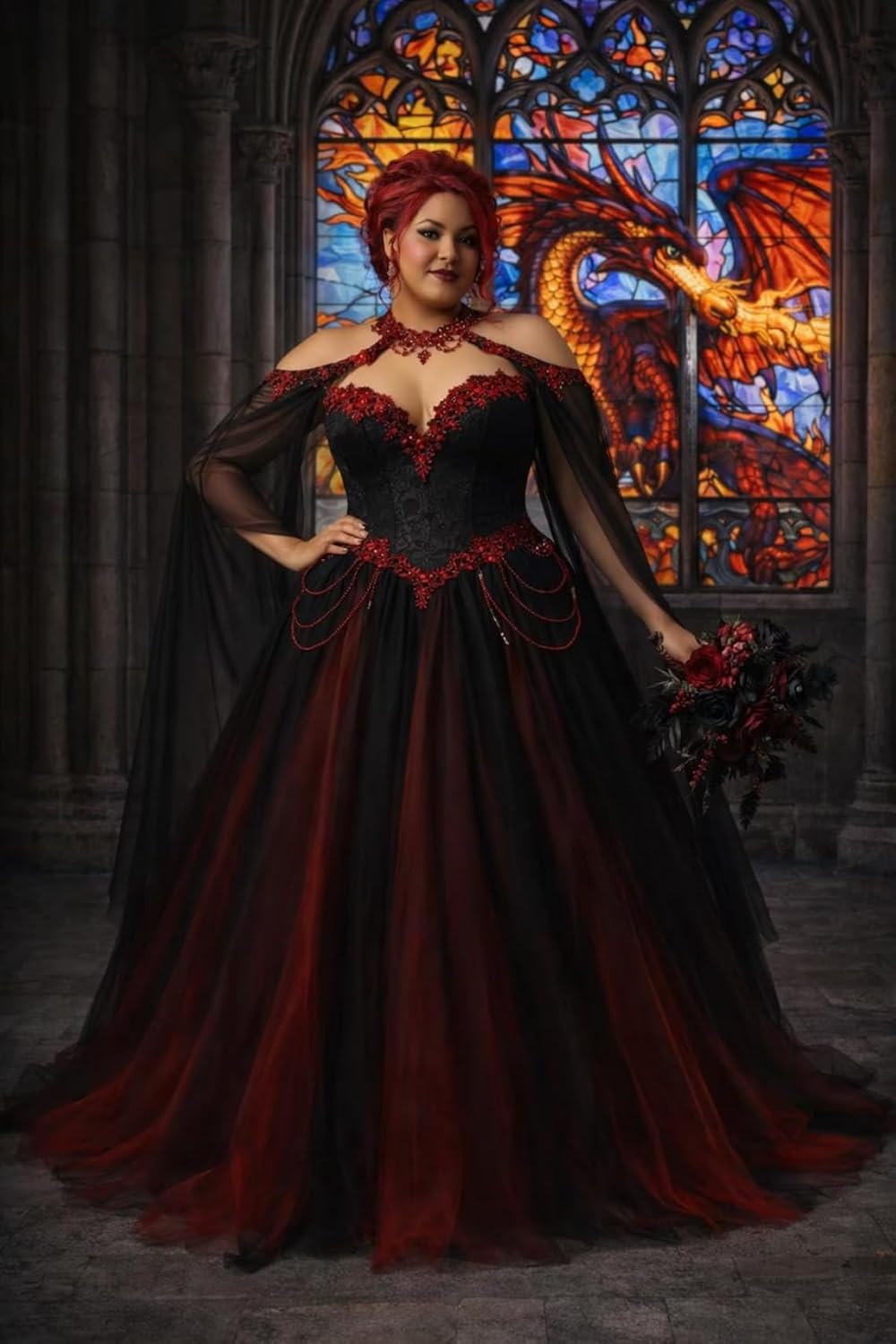 Mauuwy 3D Flowers Vampire Wedding Dress Cape Sleeves Halloween Gothic Bridal Dress for Women Lace Beaded Vestidos de Novia