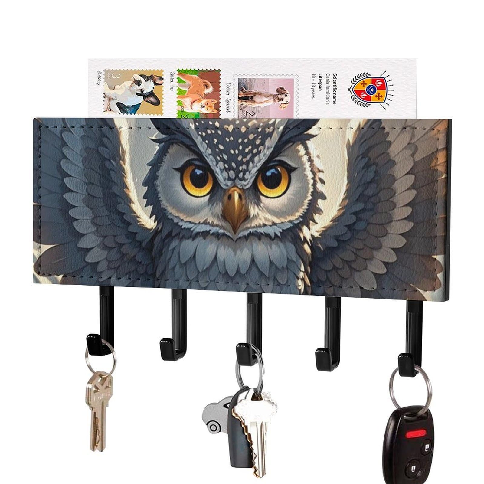 Fekiloot Black-Style Anime Owl Key Holder Wall Mount Key Hanger With 5 Hooks Decorative Key Rack Hanging Key Hooks With Mail Organizer Key Holder For Wall Living Room Kitchen Bathroom Hallway Black