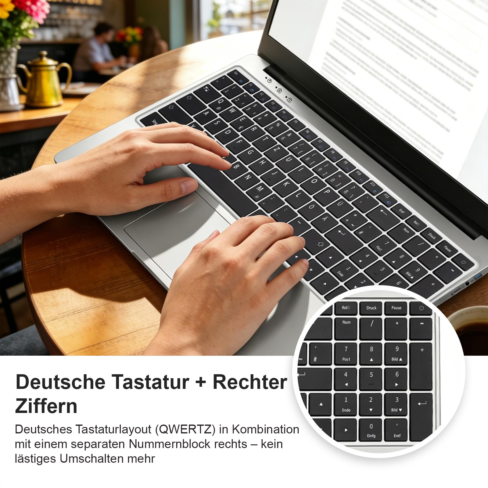Laptop 15.6 Zoll Windows 11 Notebook mit Deutscher Tastatur 5205U Prozessor 4GB RAM 128GB ROM