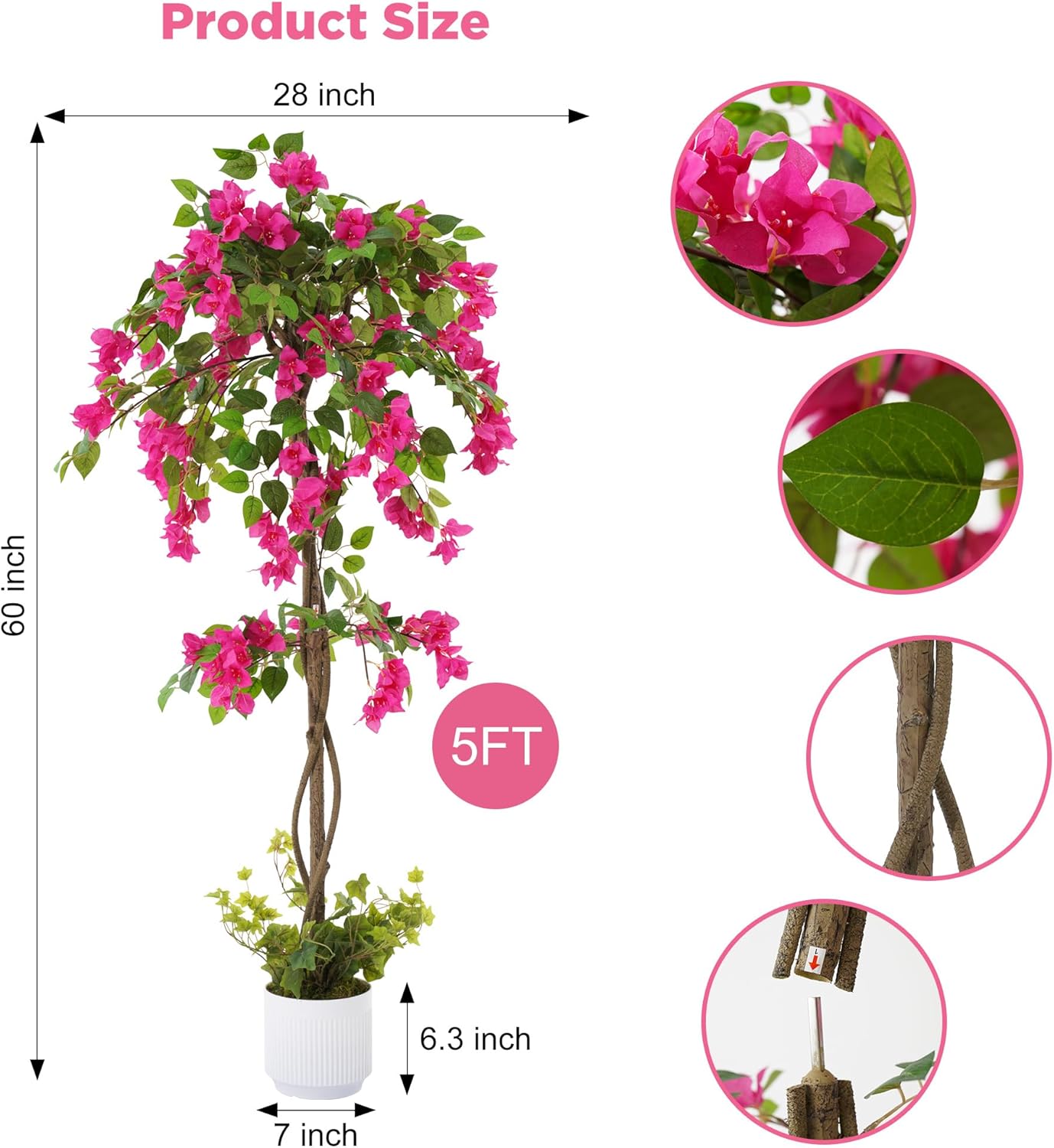 5FT Artificial Bougainvillea Tree, Tall Faux Bougainvillea Plant with Vibrant Pink Flowers, Large Potted Fake Tree for Indoor Living Room, Office, Patio, Porch, and Garden Decoration