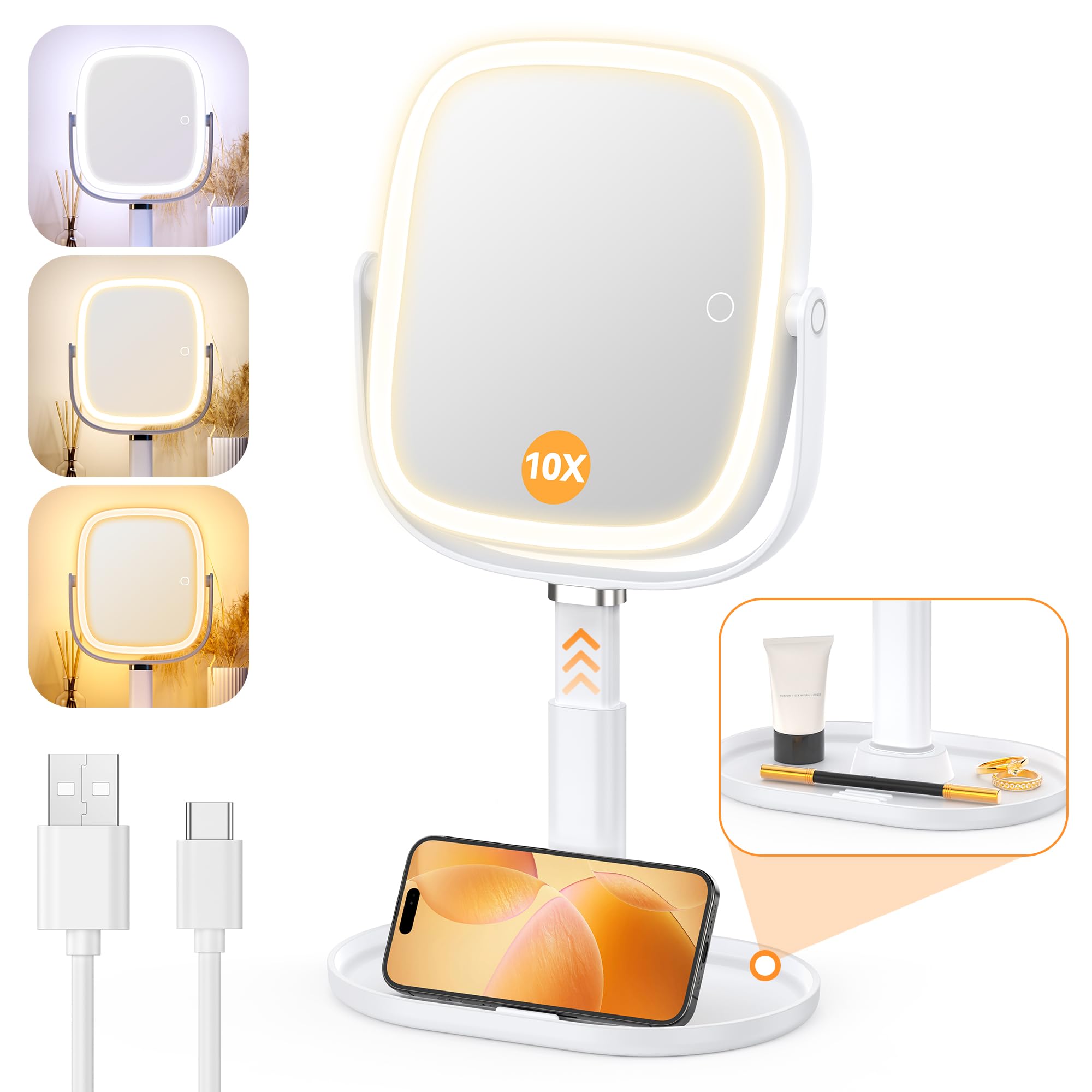 Gospire Espejo de maquillaje iluminado con luces y aumento 1X/10X, base de bandeja y altura ajustable para escritorio, batería recargable de 4000 mAh, 3 luces de color y función de memoria para