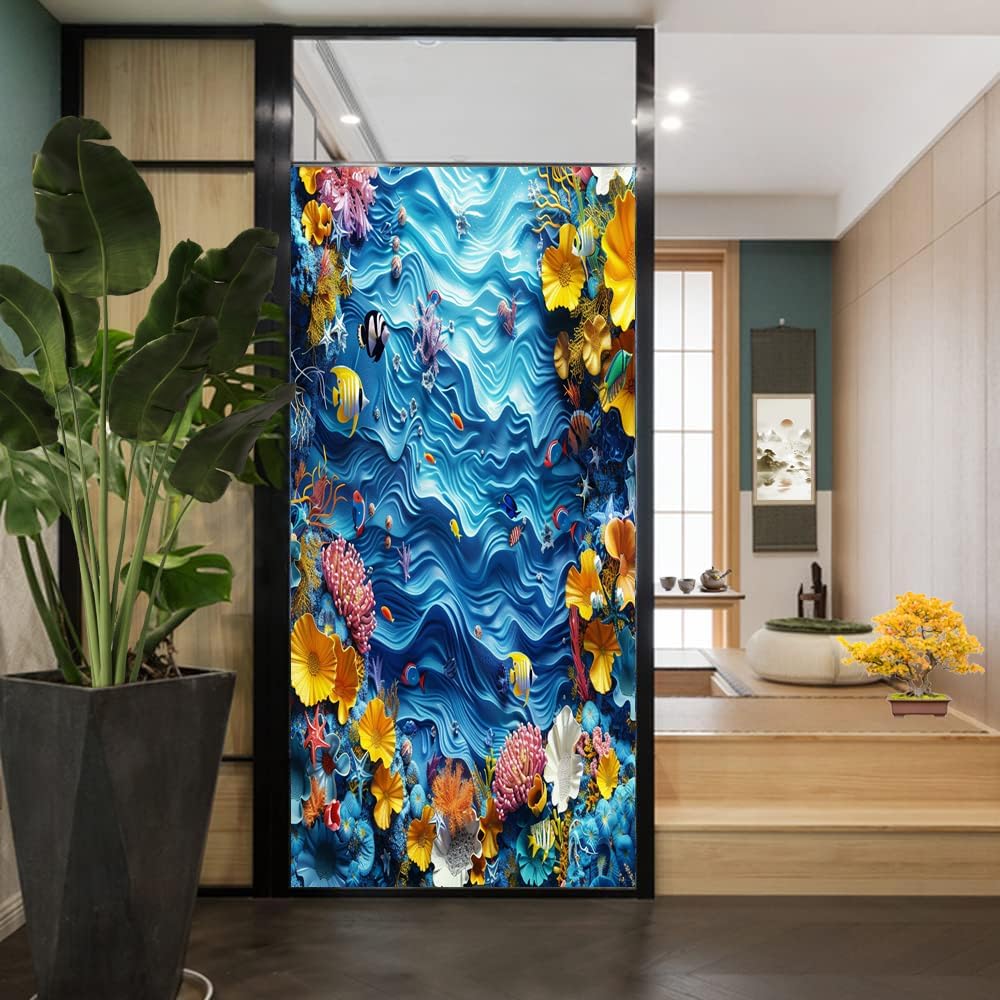 Abstract Ocean Window Film Privacy Underwater Fish Rustic Coral Flower Window Privacy Film Self-Adhesive Glass Film Decorative Sticker Frosted for Home Bathroom 35.4Wx63L-inch