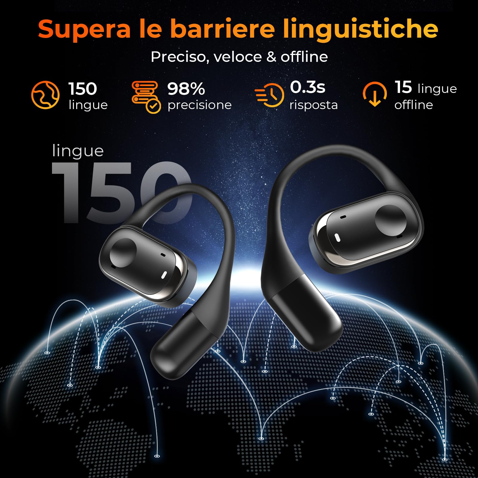 Kentfaith Auricolari Traduttori AI Bluetooth 5.3, Traduzione Vocale in Tempo Reale 3-in-1 con 150 Lingue, 16 Lingue Offline, Traduttore Bidirezionale per Viaggi, Lavoro e Studio