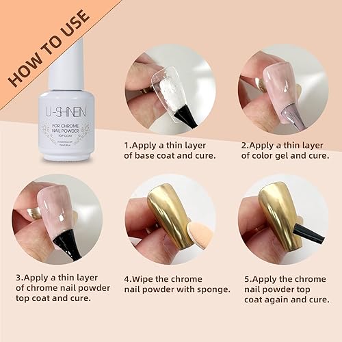 Miniatura 6 de Gel de capa superior para polvo de uñas cromado, 0.5 fl oz (0.5 fl oz) sin limpiar, esmalte de uñas de gel transparente brillante de alto brillo con