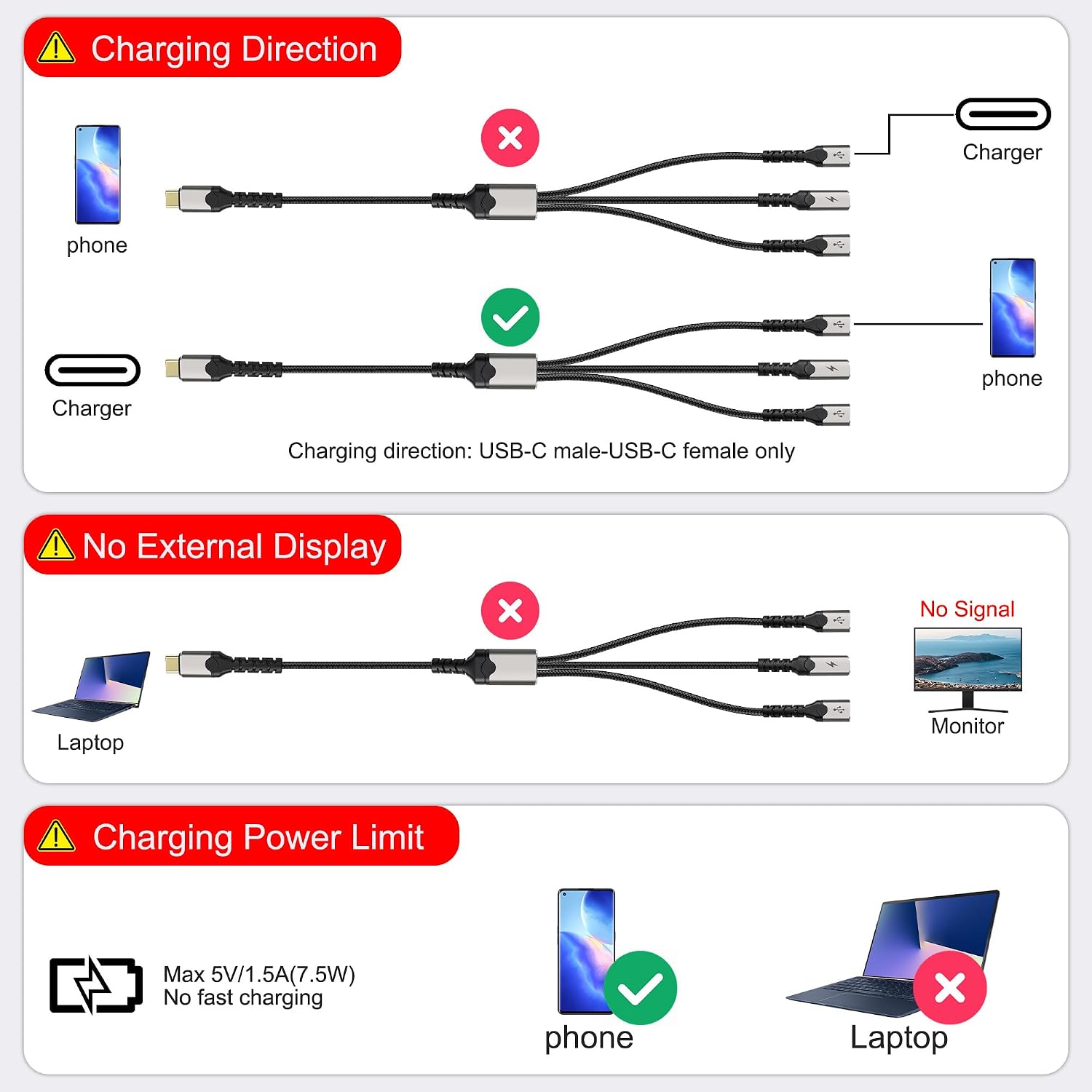 XMSJSIY USB Type-C Y Splitter Charging Cable 1 in 3 Out Adapter Type-C Male to 2 USB-C Female & 1 USB-A Female PD 60W Fast Charging and OTG Port Data Transfer Converter Cable - 30CM/11.8INCH
