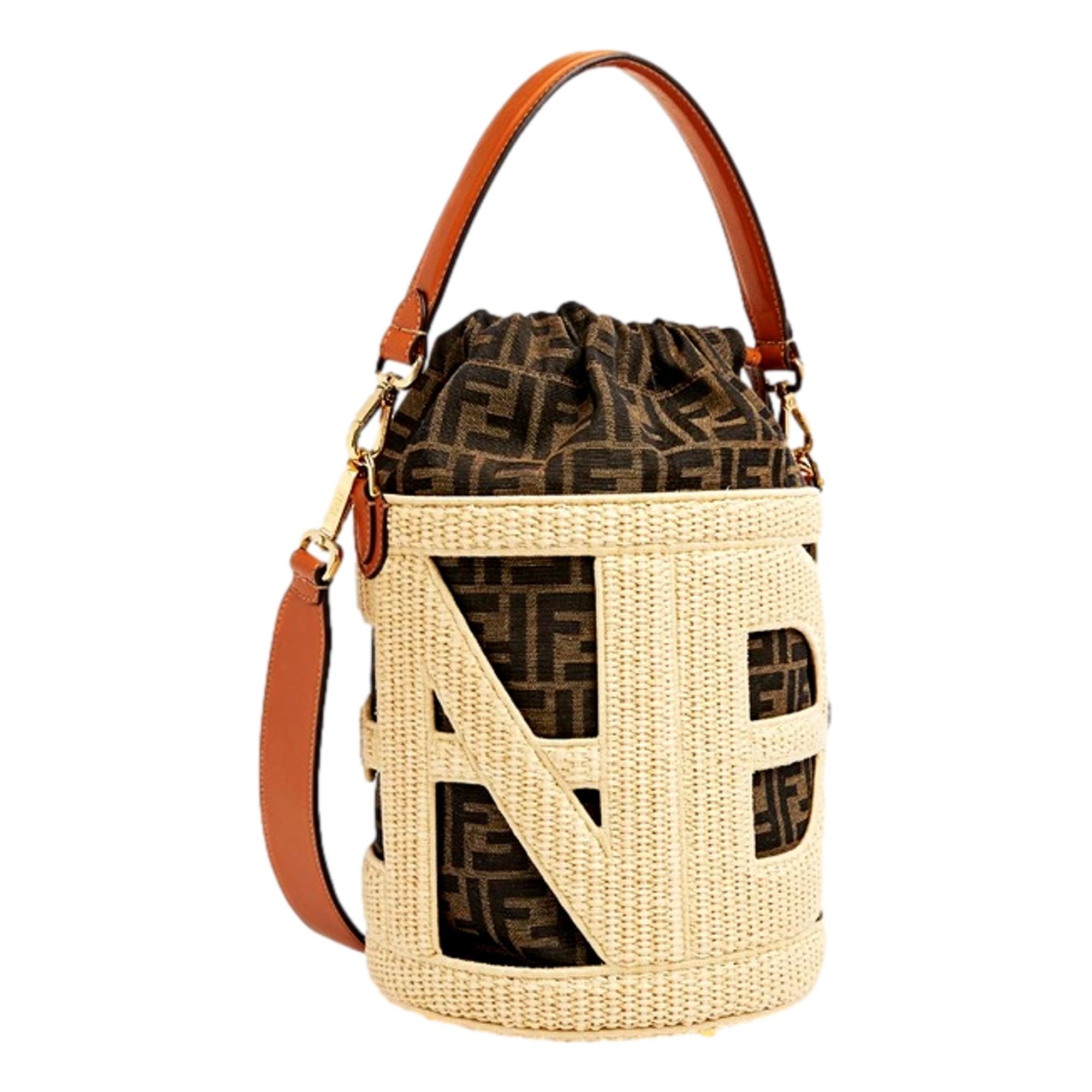FENDI Bolsa de cubo Step Out, lona mediana y cuero, patrón tejido con