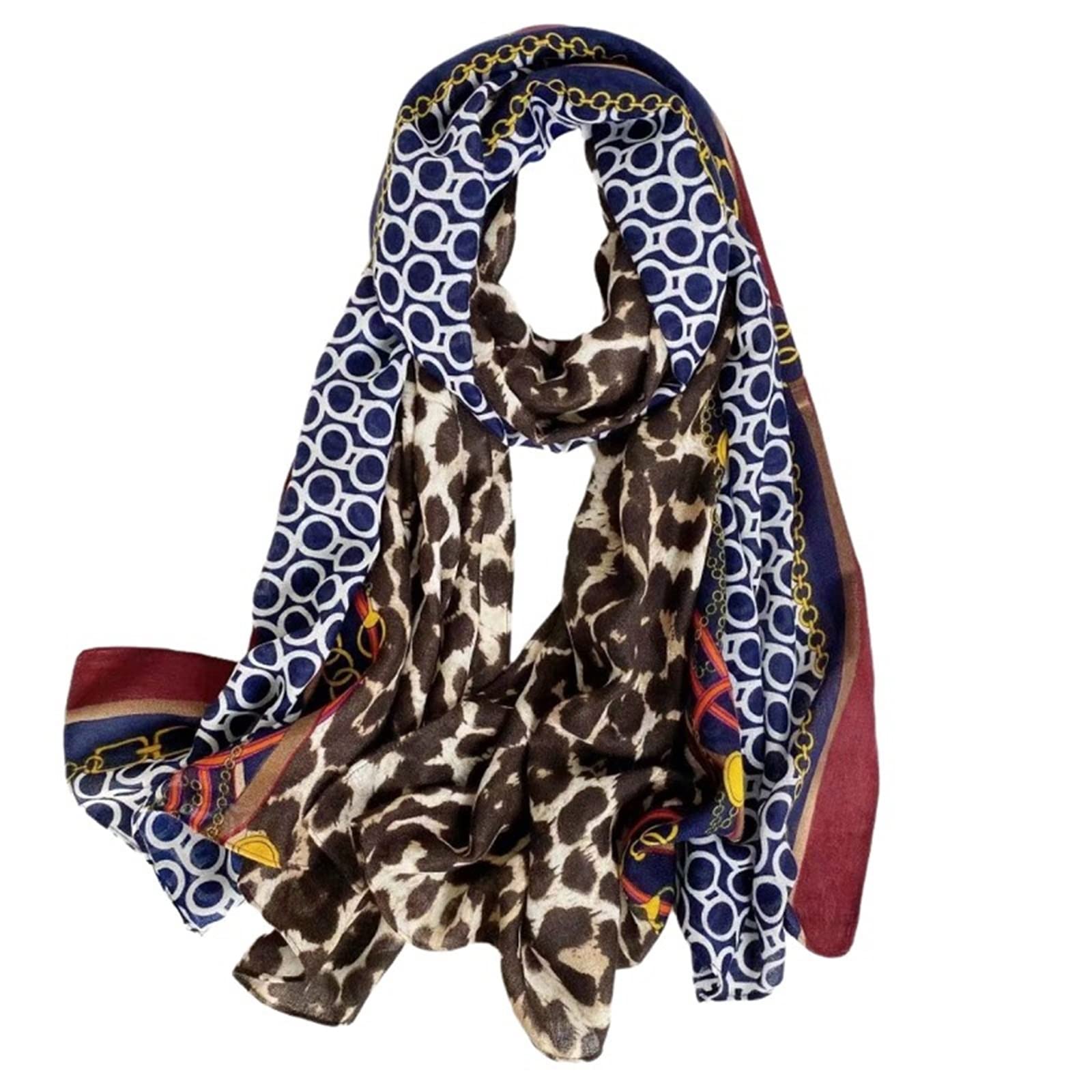 Lankee Women's Blue Linen Scarf Cotton Scarf Leopard Colour Block Neckerchief Warm Cloth Lightweight Muffle Long Head Wrap Muslim Belt Scarf Christmas Decorations Scarf