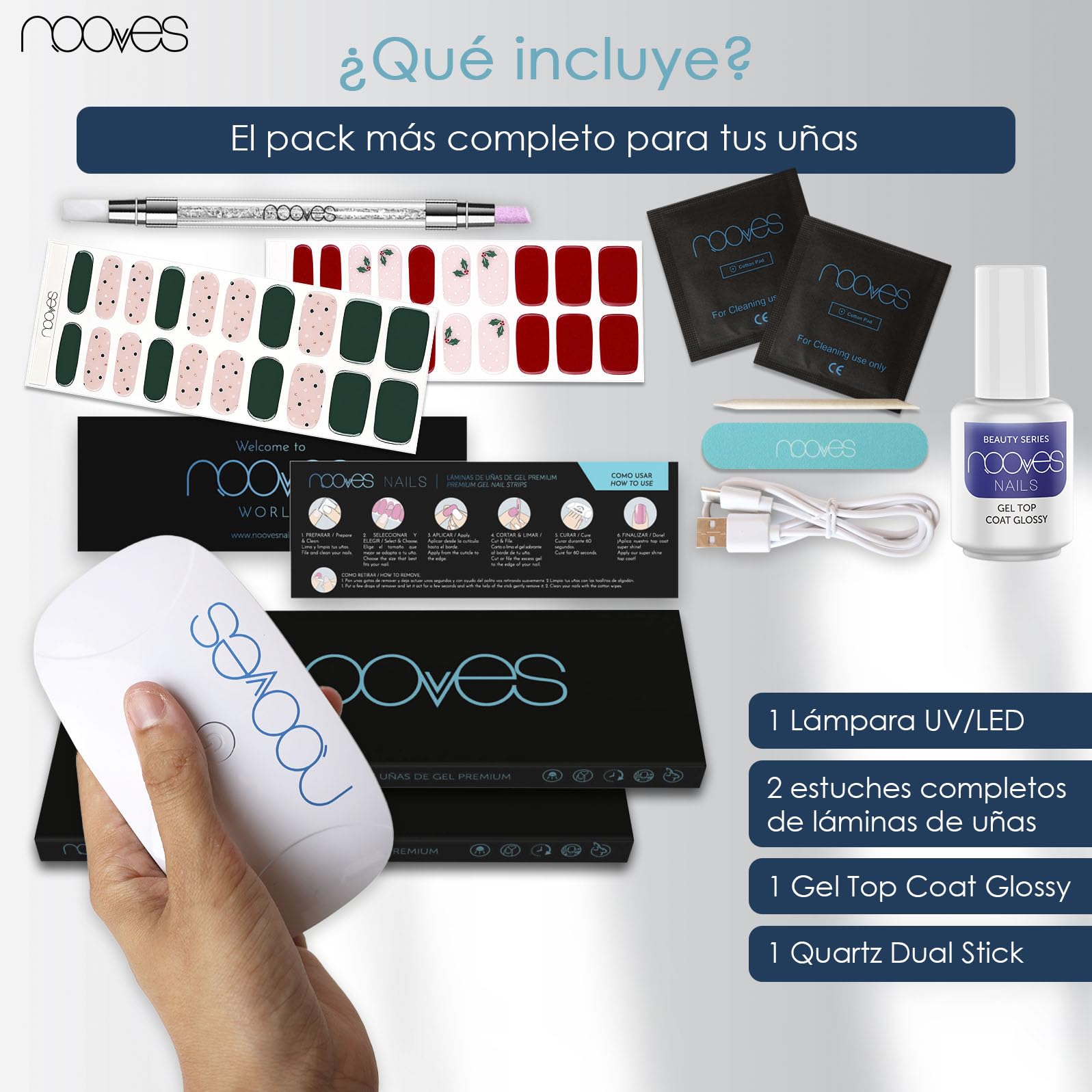 NOOVES Starter Kit: 2 Láminas de Gel + Lámpara Secado + Top Coat + Quartz Dual Stick| 40 uds Beauty Navidad, Semicuradas y Veganas con Lima y Palito de Naranjo
