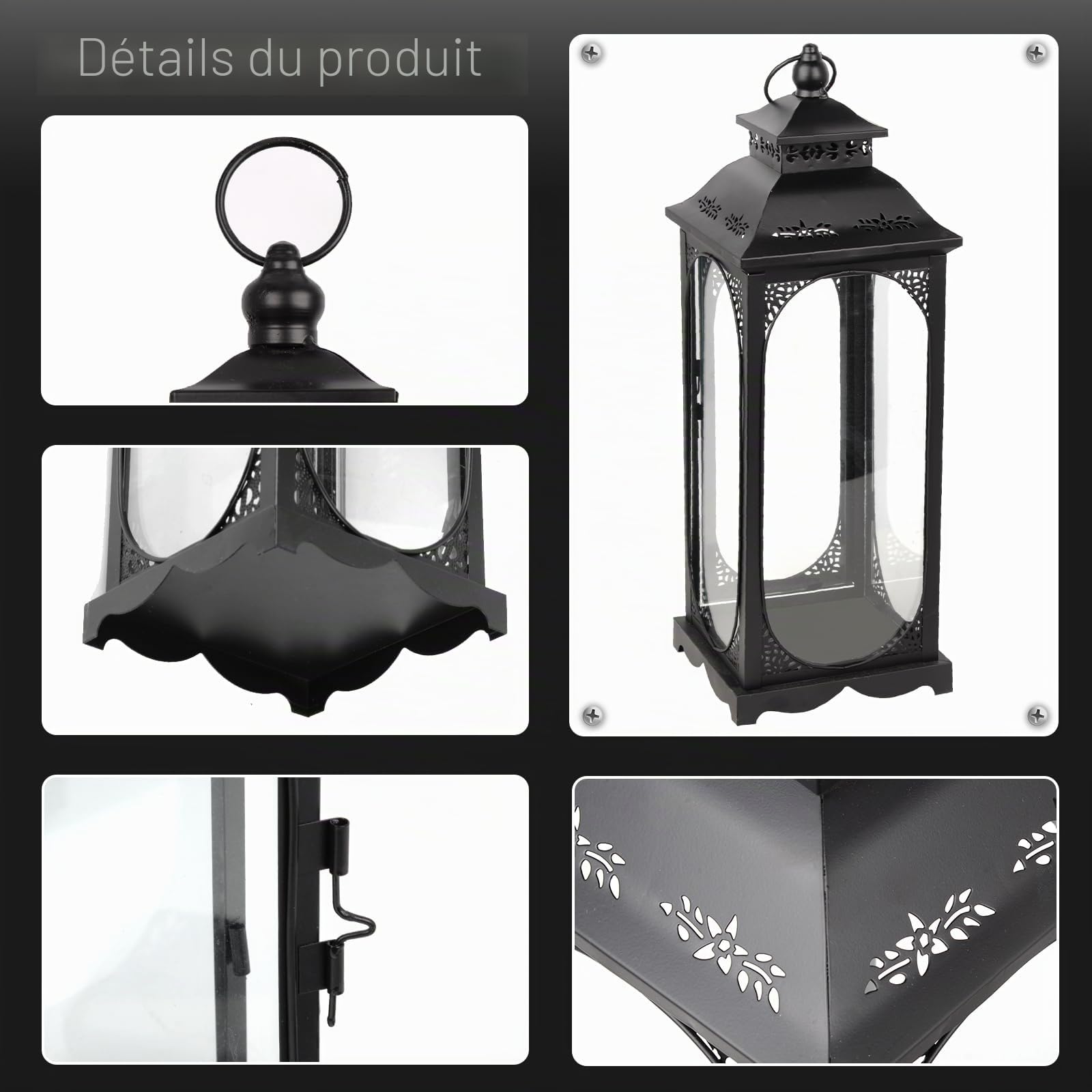 Lot de 2 lanternes, photophore en métal noir pour décoration de bougie, H 34/50 cm Lanterne de tombe extérieure résistante aux intempéries, lanterne de jardin pour l'intérieur Fête de Noël