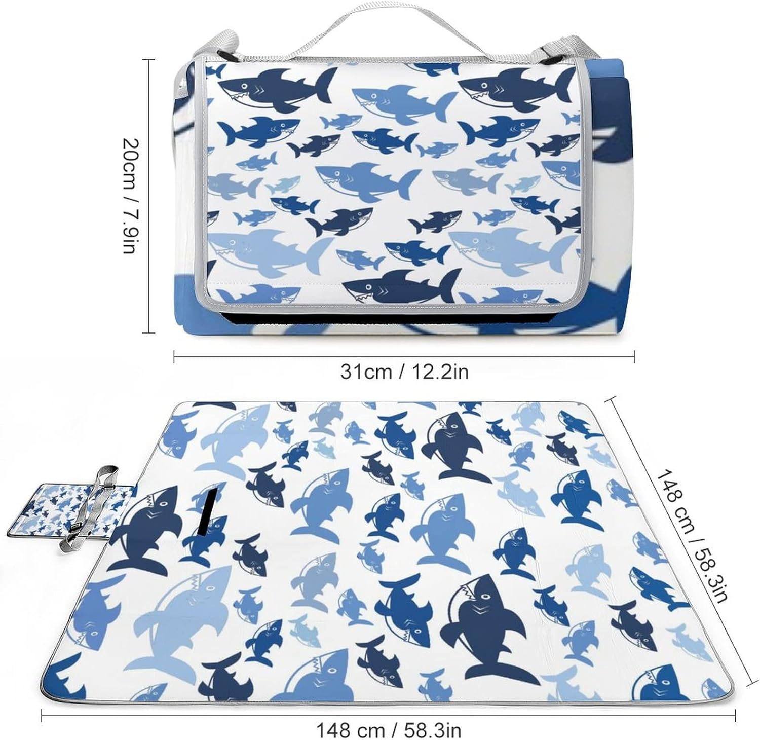 Cute Shark Navy Beach Picnic Blanket Underwater Wildlife Shark Pattern for Outdoor Picnics, Beach, Camping 58.3x58.3 Inch