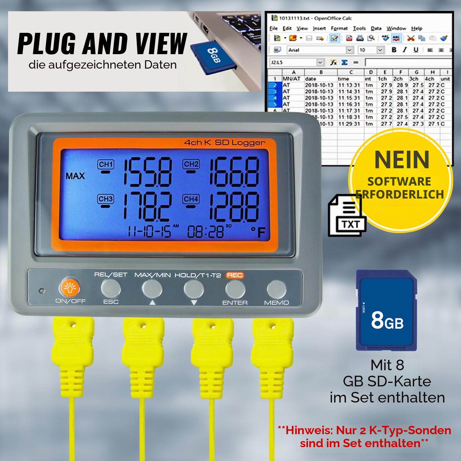 Digitales 4-Kanal-Thermoelement-Thermometer mit SD-Karte, Datenlogger-Funktion, programmierbarer Alarm für hohe/niedrige Grenze, Mehrkanal-Temperatursensor, Temperaturrekorder