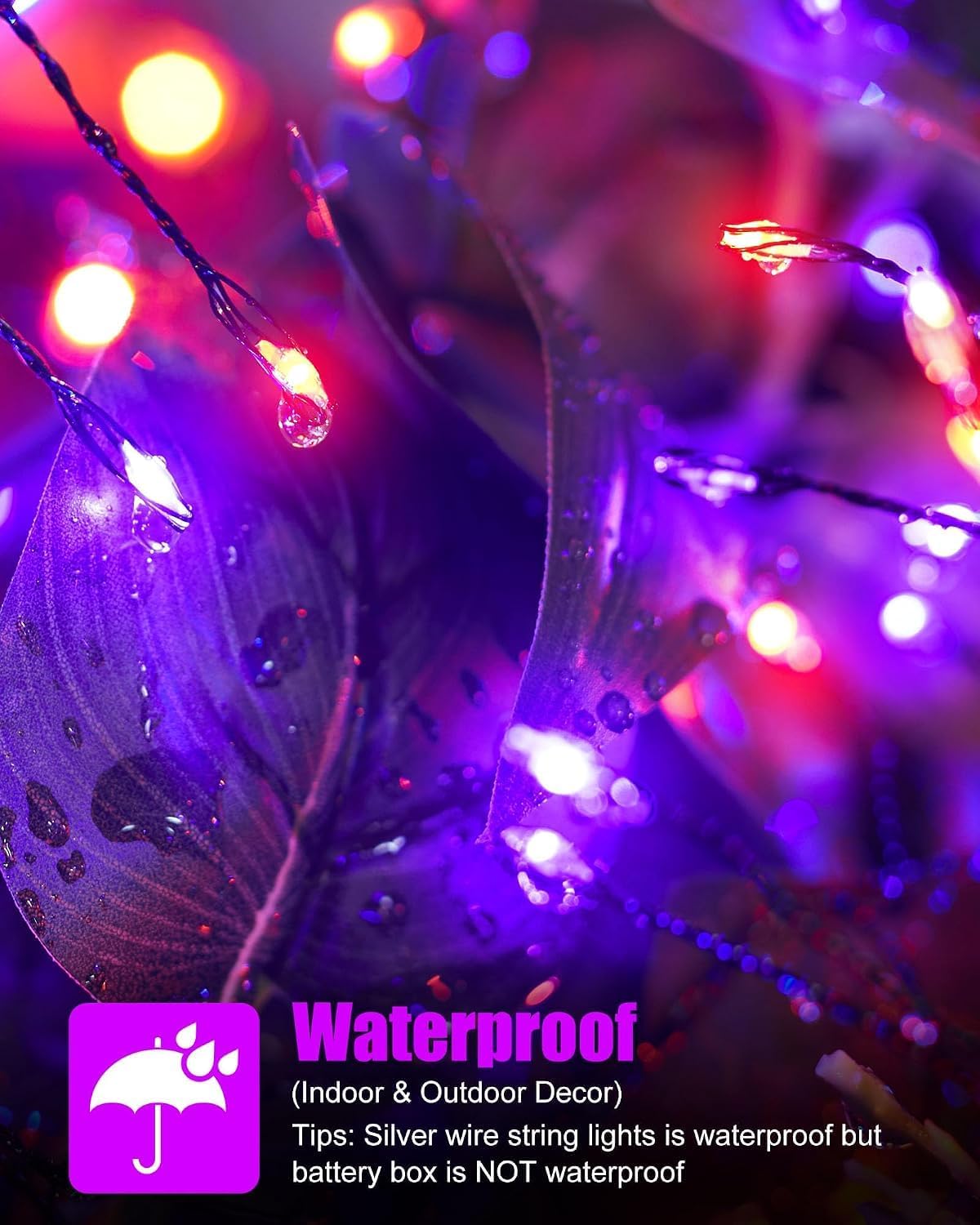 Brightown Halloween Fairy Lights Battery Operated, 10 FT 120LED Firecracker String Lights, Silver Wire Firefly Lights for Bedroom Home Haunted House Indoor Outdoor Holiday Decorations, Orange & Purple image 5