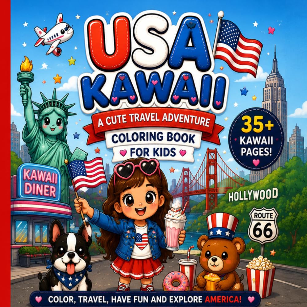 USA Kawaii: A Cute Travel Adventure Coloring Book for Kids (kawaii travel Adventures)