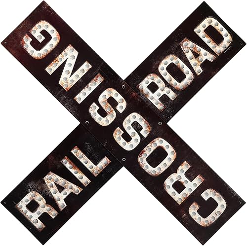 Railroad Crossing - Letrero prismático de metal en relieve, letrero de ferrocarril vintage para garaje, dormitorio o cueva de hombre