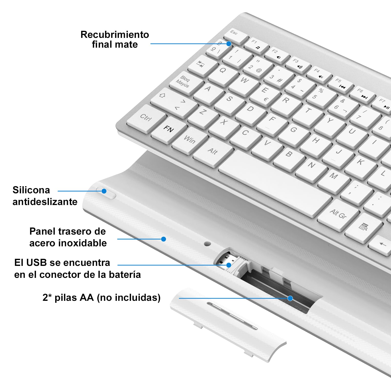 cimetech Teclado inalámbrico, 2.4G QWERTY español Layout, USB Teclado de Ordenador con Teclado numérico y Teclas ergonómicas para Desktop/PC/Laptop/Surface/Smart TV/Notebook y Windows - Plata