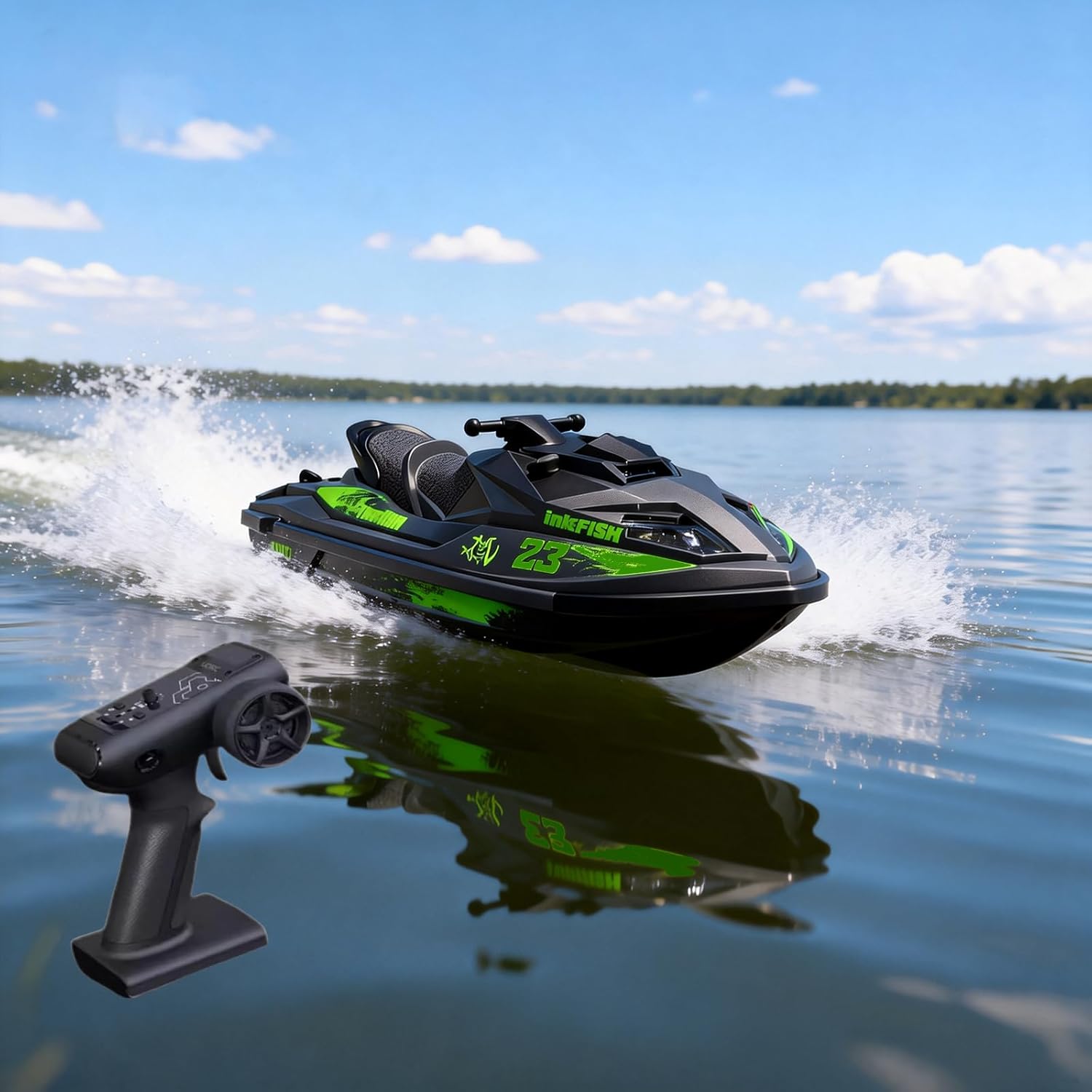 UDI023 RC Jet Racing Boat Remote Controlled Motorboat Watercraft 20km/h with LED 7.4V 2000mAh for Beginners 14Y+ on Lake Pool (Green)