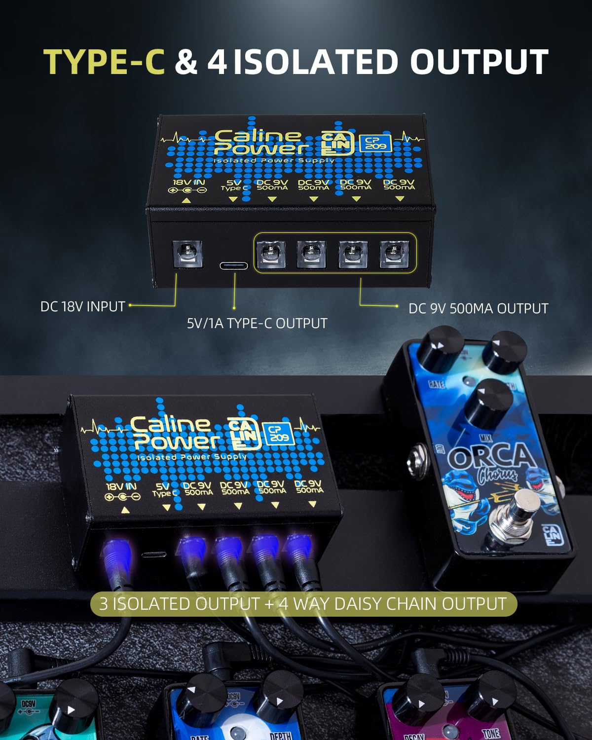 Caline Gitarrenpedal-Netzteil, 9 V, 500 mA, Pedalboard-Netzteil, Mini-Pedal-Netzteil mit Typ-C-Ausgang und 4-Wege-Daisy-Kette