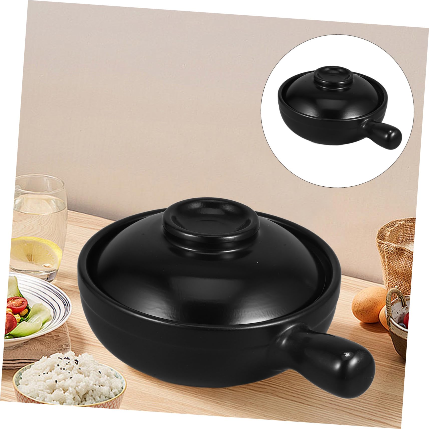 Cazuela de Barro Sola Asa 900ml con Tapa, Cerámica Negra | Recipiente Profundo para Gachas y Guisos, Uso Comercial y Microondas, Fácil de Limpiar