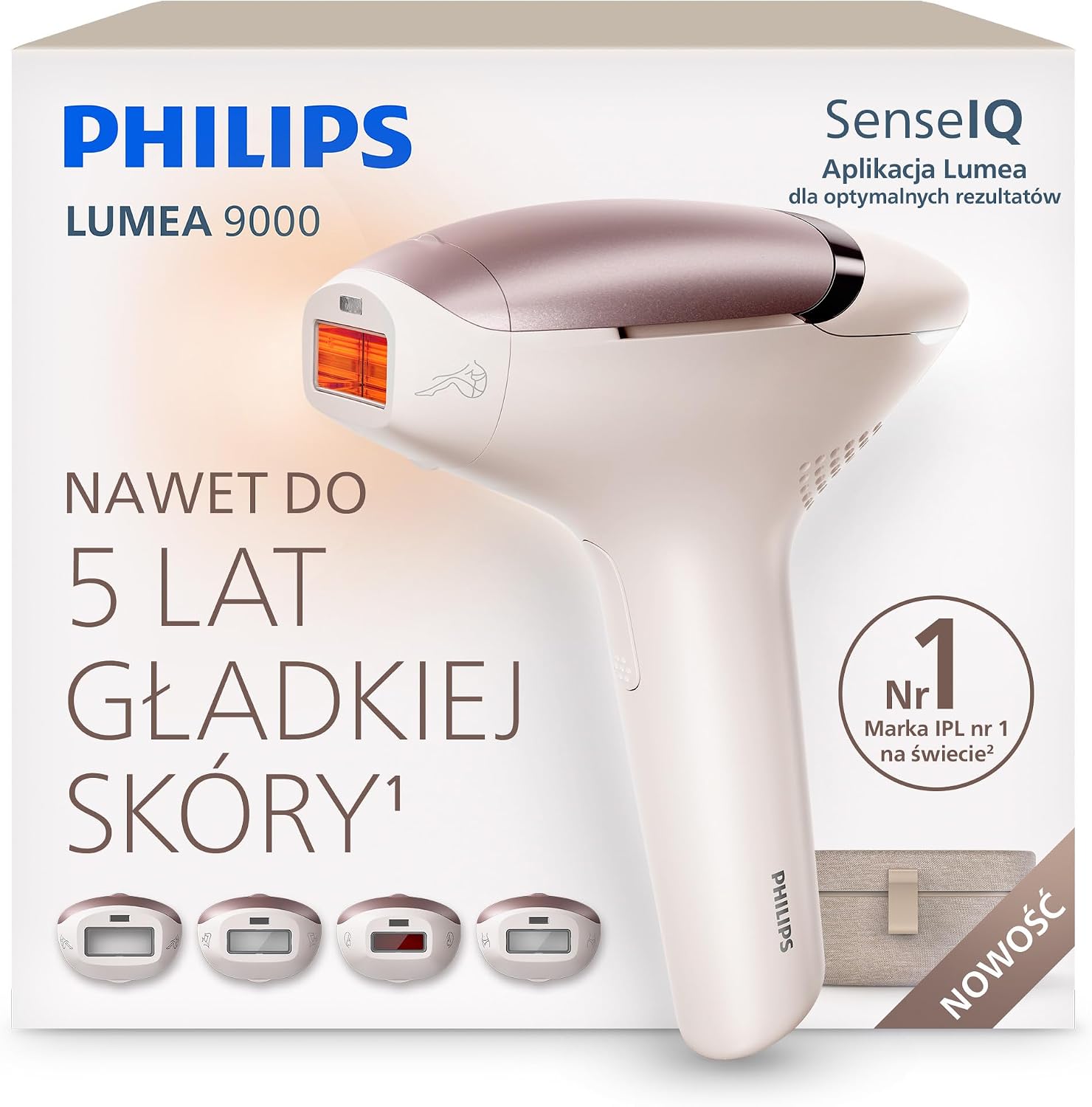 Philips Lumea 9000 IPL – urządzenie do depilacji światłem: długotrwałe efekty, łatwość domowego użytkowania, bezpieczeństwo klasy medycznej, 4 nasadki do ciała, twarzy, okolic bikini i pach BRI981/00