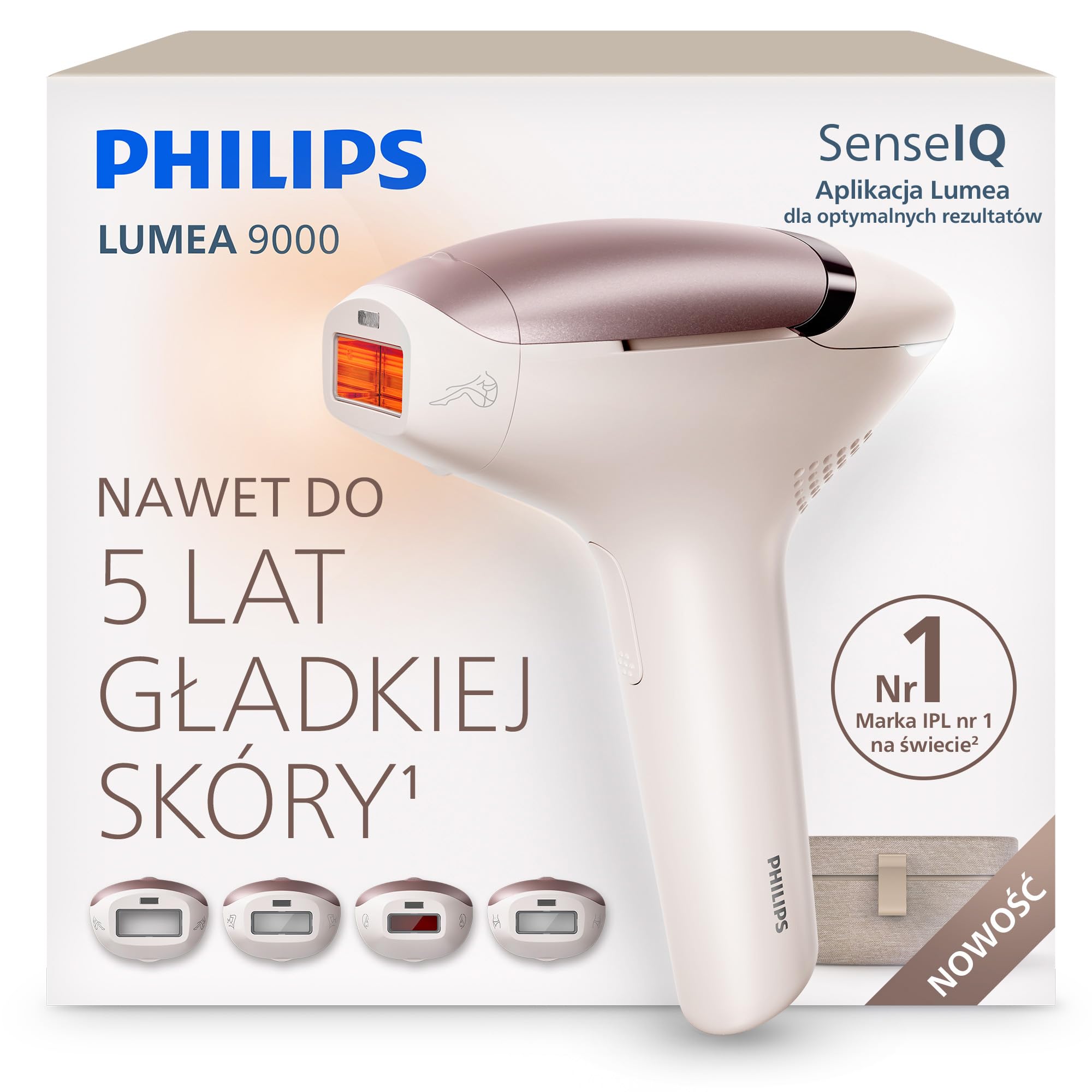 Philips Lumea 9000 IPL – urządzenie do depilacji światłem: długotrwałe efekty, łatwość domowego użytkowania, bezpieczeństwo klasy medycznej, 4 nasadki do ciała, twarzy, okolic bikini i pach BRI981/00