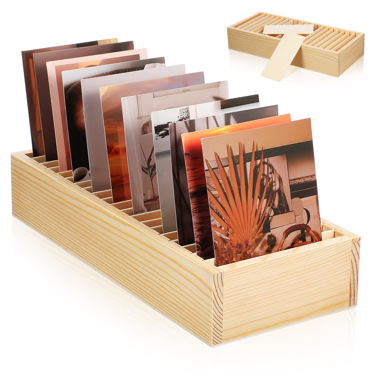 Caja organizadora de madera con compartimento desmontable para fotos y tarjetas