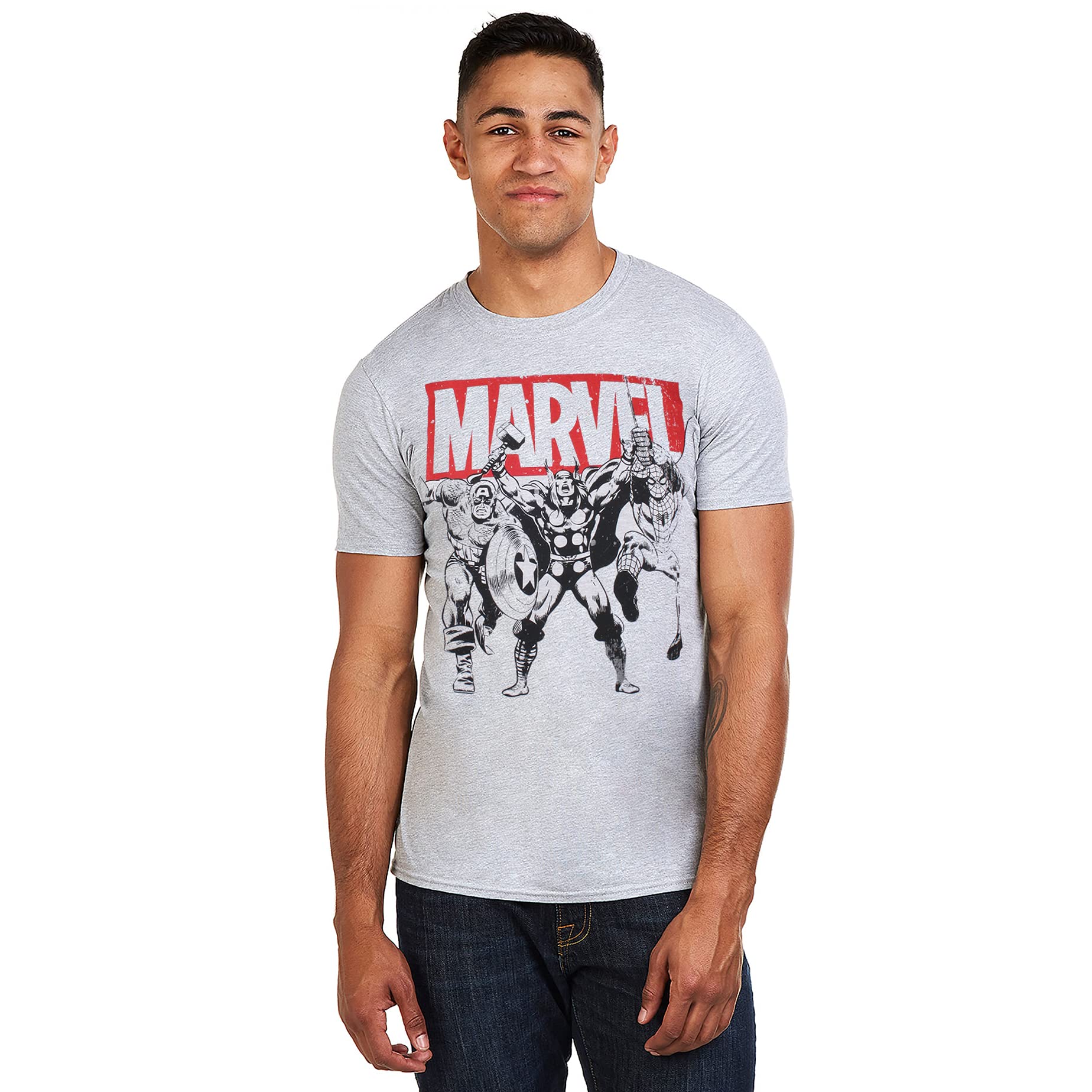 Marvel Men's Trio Heroes T Shirt, Grey (Grey Marl Spo), XL UK