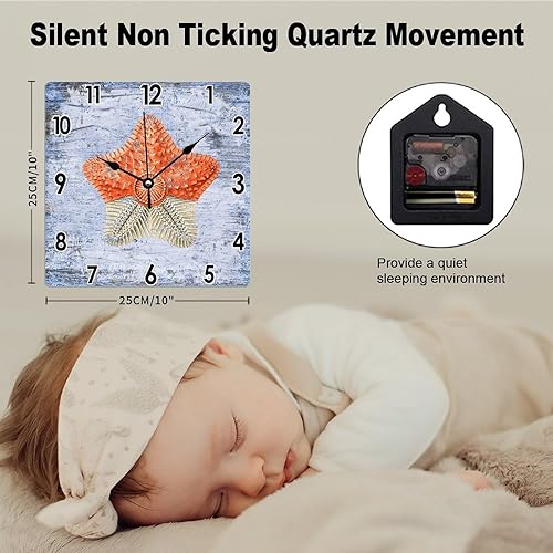 Miniatura 2 de Reloj rústico de 10 x 10 pulgadas para pared, mar, costero, océano, con estrellas de mar, reloj de PVC para pared, vintage, azul, grano de madera,