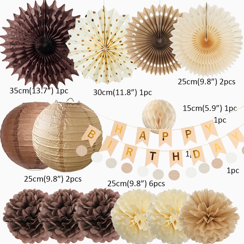 Rustic Brown Birthday Decorations Women Men Champagne Gold Boho Vintage Brown Birthday Party Decorations Girl Boy Neutral Beige Paper Fan Honeycomb Lanterns Cream Poms Kit with Retro Banner Beige Gold