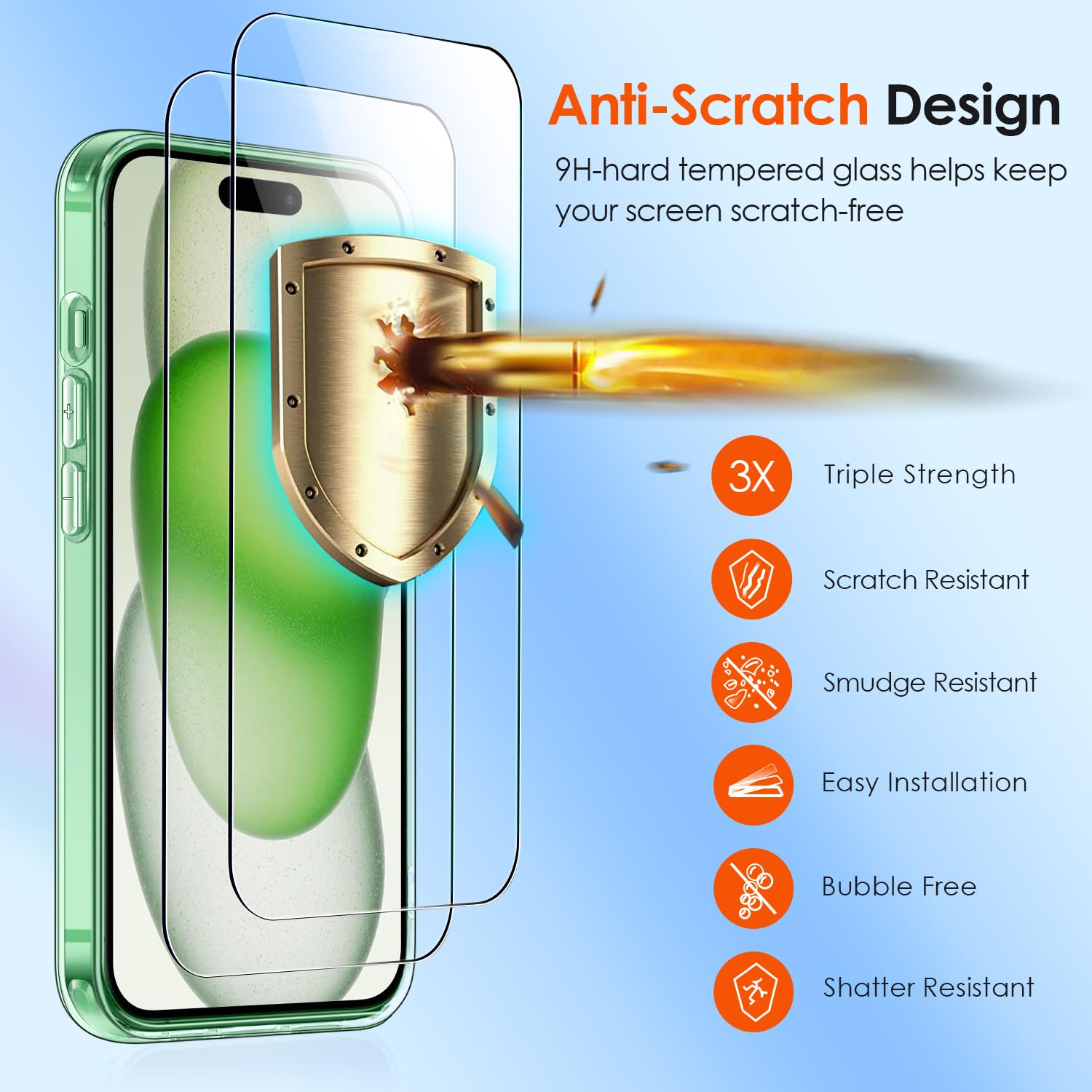 iVoler 3 in 1 Cover Compatibile con iPhone 15 6.1 pollici con 2 Pezzi Pellicola Vetro Temperato, Non Ingiallente,Antiurto di Grado Militare, Protezione Fotocamera,Trasparente Custodia - Menta verde