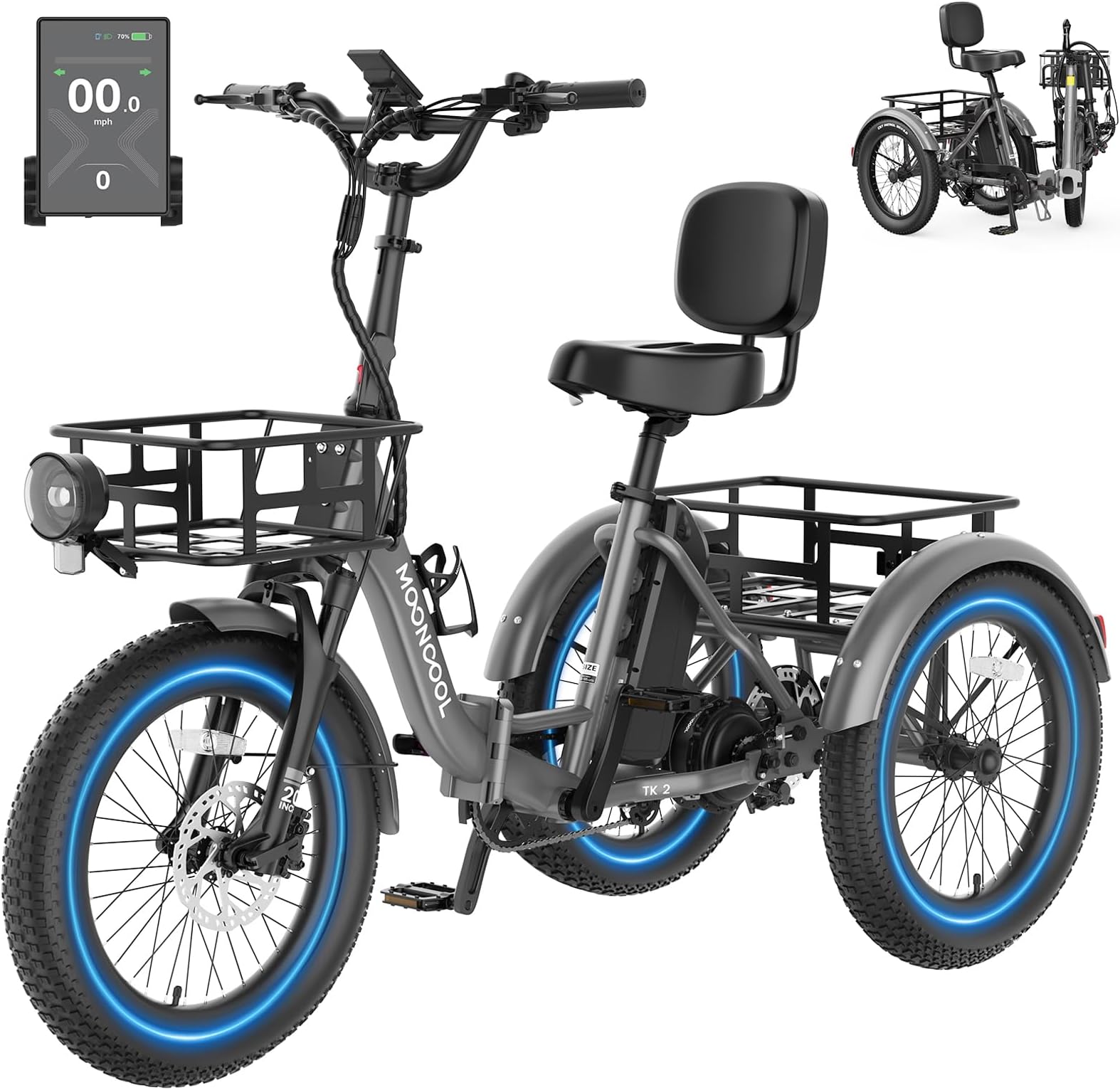 MOONCOOL Electric Trike for Adults, 500W/750W 20" Fat Tire Folding Tricycle