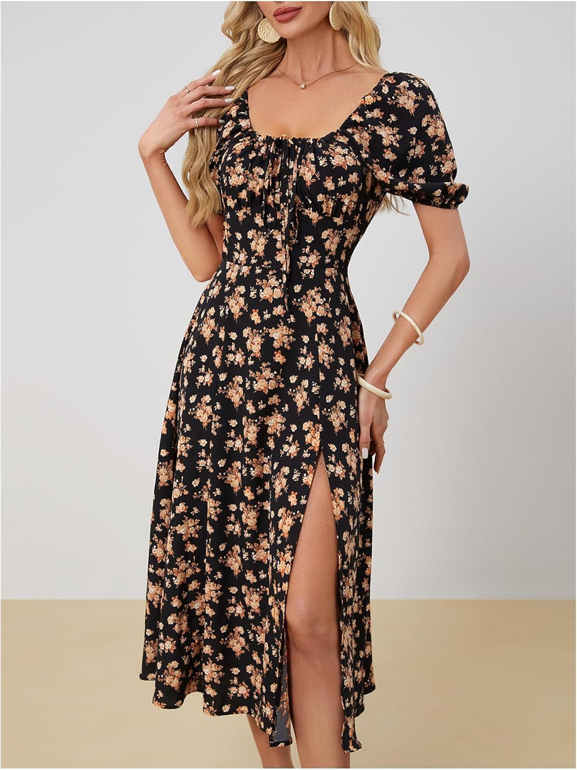 WDIRARA Women's Floral Print Tie Front Square Neck Short Sleeve Split Thigh Dress - Image 2