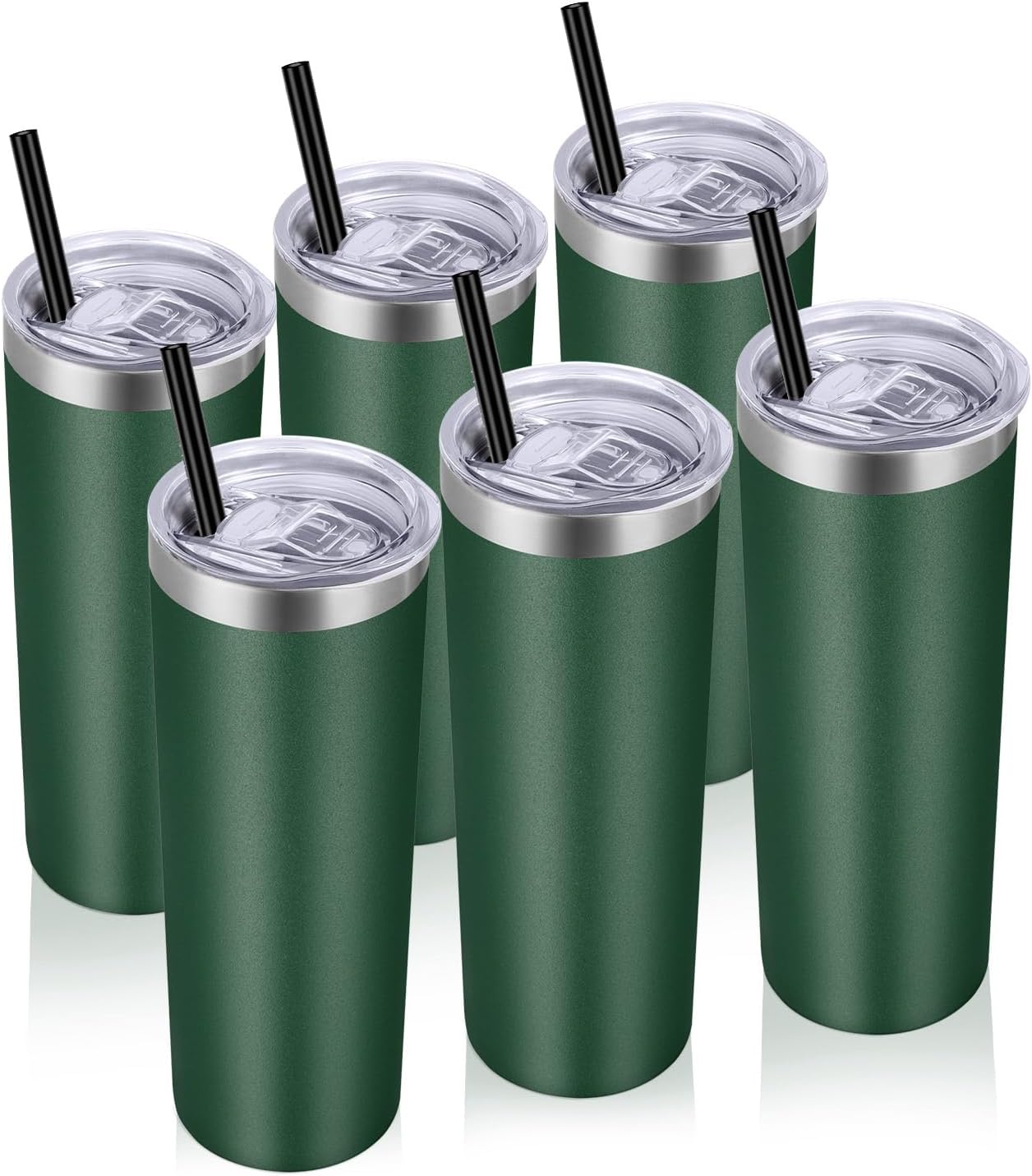 VEGOND Stainless Steel Tumblers Bulk 6 Pack, 20 oz Vacuum Insulated Skinny Tumblers with Lid and Straw, Double Wall Coffee Mug, Travel Water Cup, Dark Green