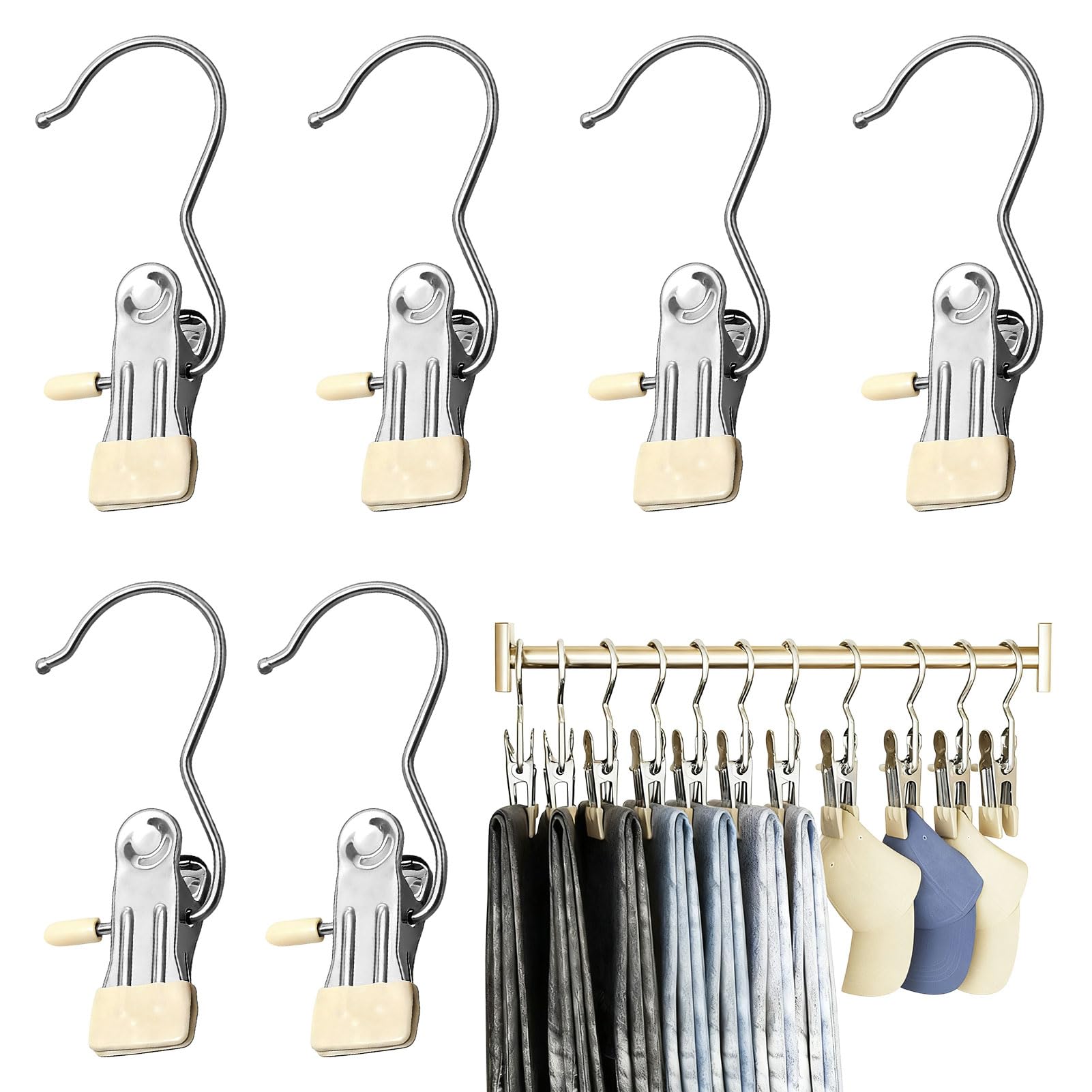 6 PCS Hanging Clip,Stainless Steel Hanging Clips with Hooks,Anti-slip Boot Laundry Hanger Clips,Portable Trouser Hangers for Hanging Jeans,Pants,Towel,Wigs, Sock, Blanket, Rugs, Scarves (White)