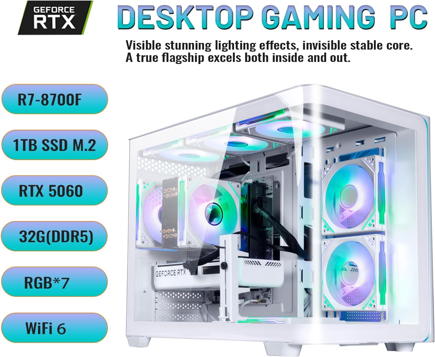 Desktop Gaming PC RTX 5060 8GB, Ryzen 7 8700F 8Cores 4.1G Up to 5GHz, DDR5 32GB, 1TB NVMe SSD,WiFi 6 Pre Built Tower Computer for Gamer, Home and Office