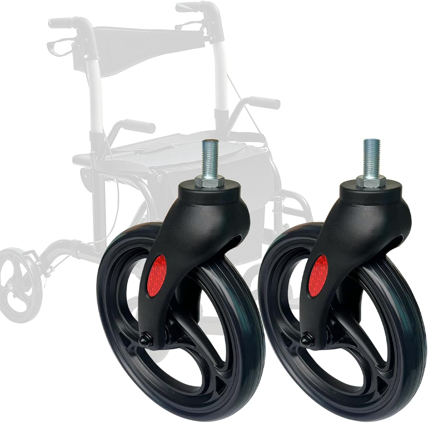 Condition photo showing New/Like New for 8 inch front wheel with fork drive assembly, 360° rotation, replacement wheel for wheelchairs, transport chairs, rollators, walkers. (1pr black)