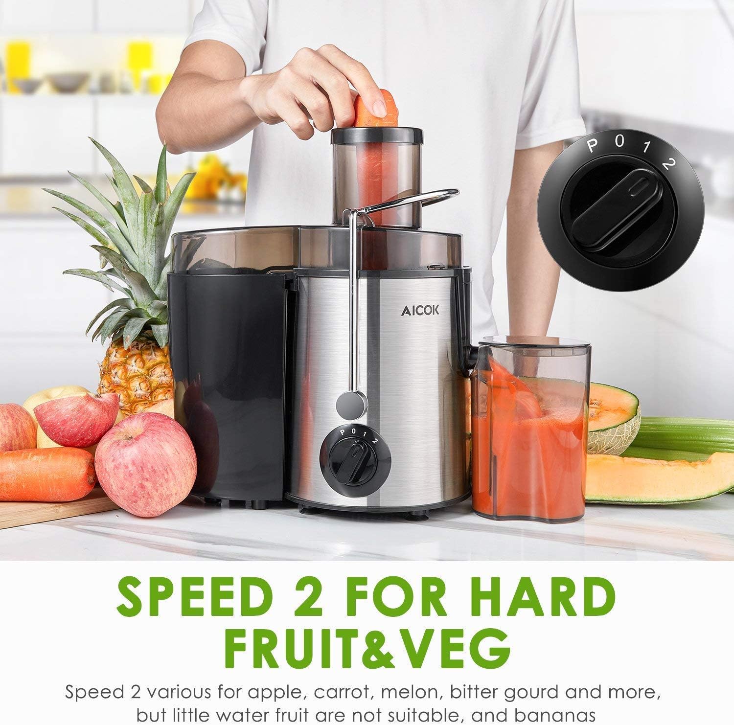 Close-up of juicer features: wide feeder chute, safety locking arm, overheat protector