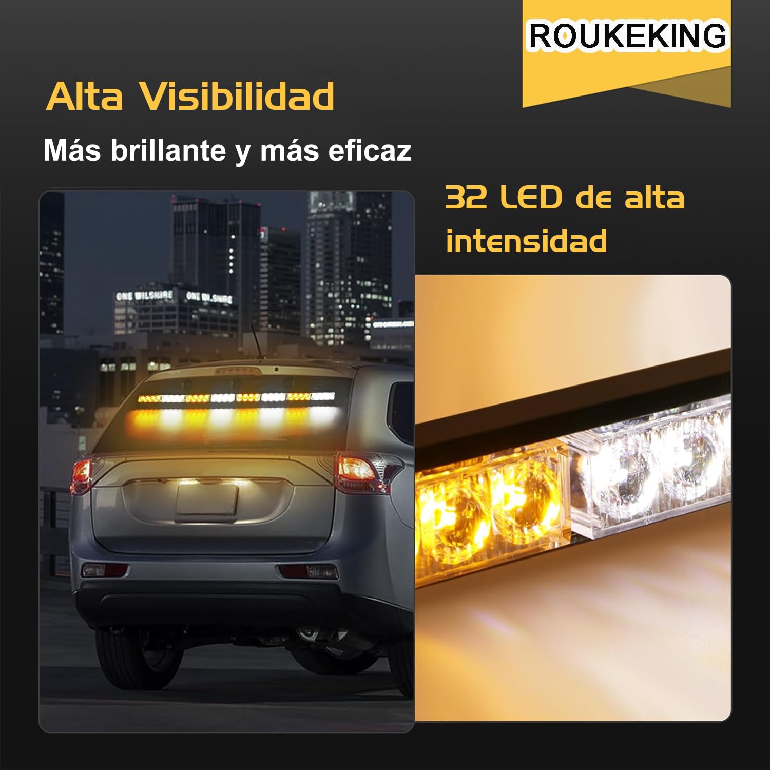 Barra LED de Emergencia Estroboscópica 12V, 35,5 Pulgadas con 32 LEDs, 13 Modos Flash, Luz de Advertencia IP65 para Coche, Camión y Vehículo de Asistencia en Carretera Ámbar Blanco