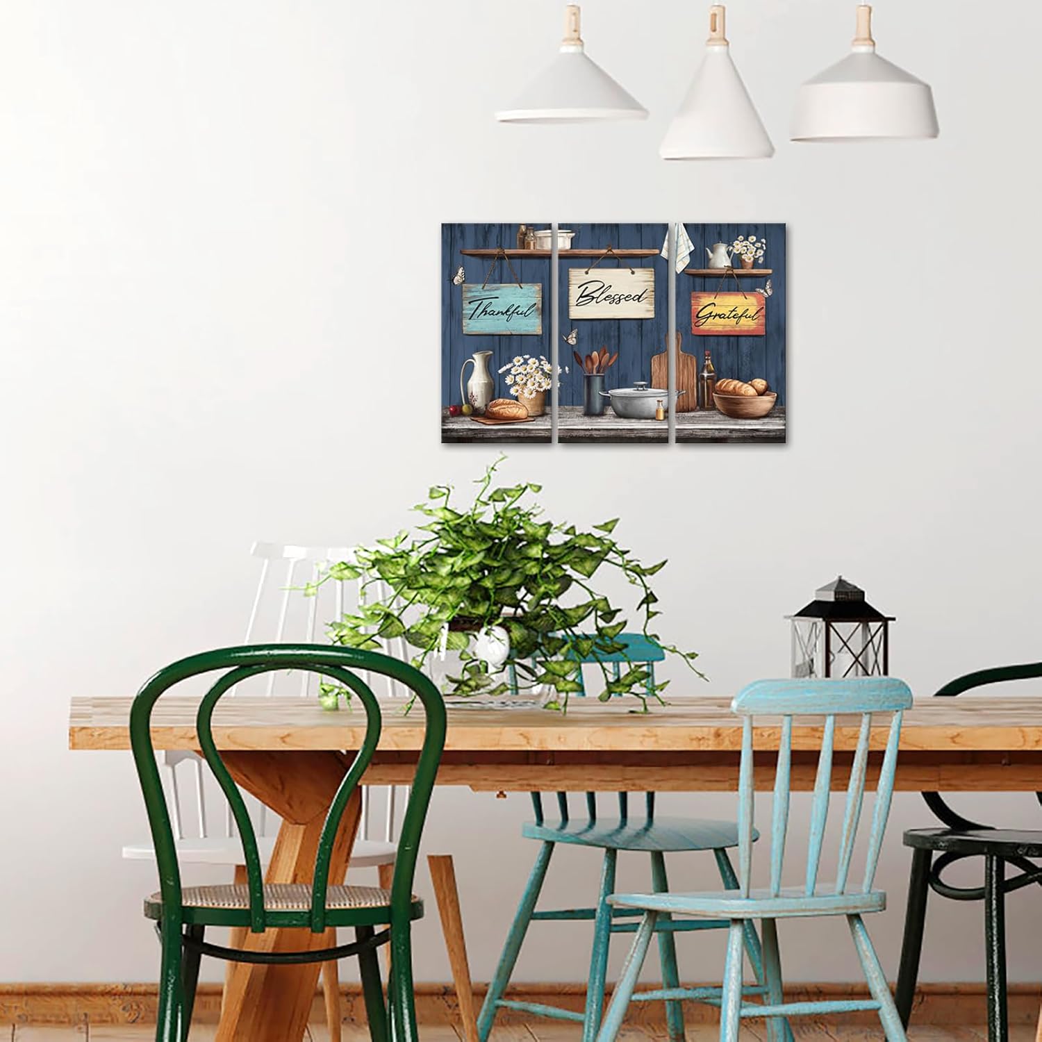 sechars Farmhouse Kitchen Wall Art Thankful Blessed Grateful Signs Decor Canvas Print Blue Wood Background Rustic Home Decor Set of 3