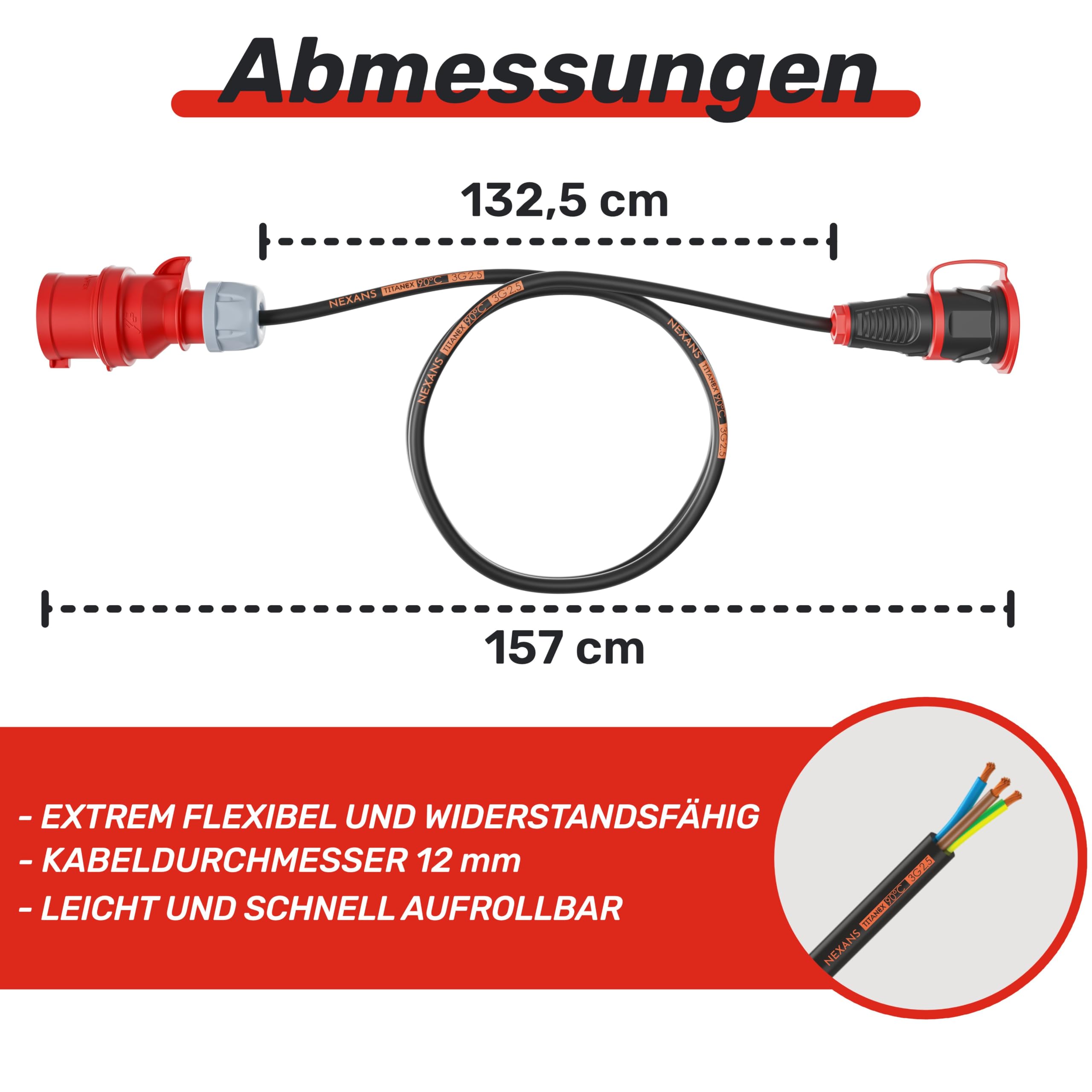 NWP Adapter 1,5m 16A 400V Stecker Starkstrom auf 230V Schuko Kupplung - IP44-3x2,5mm² Gummischlauchleitung
