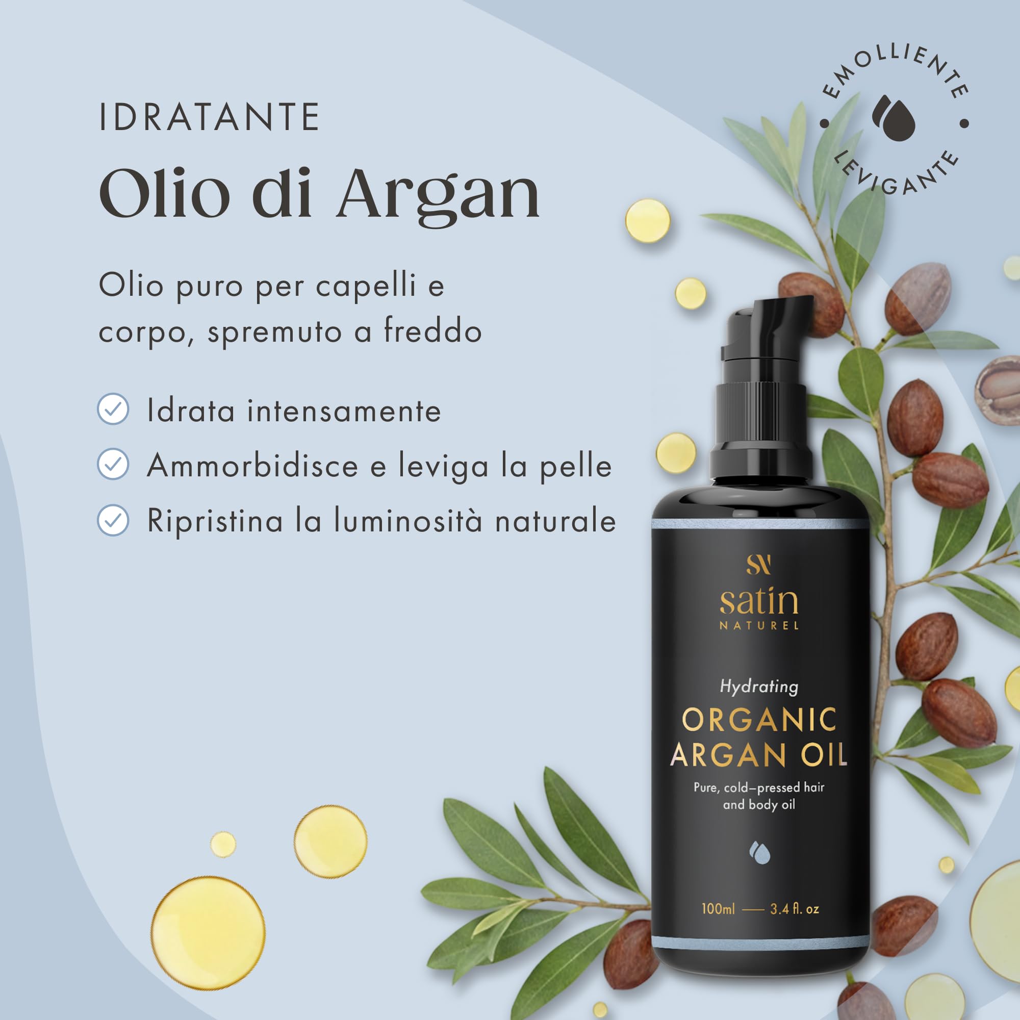 Satin Naturel Olio di Argan Bio 100 ml – 100% Olio Puro Spremuto a Freddo – Olio Naturale per Capelli, Pelle, Unghie & Barba – Olio per Capelli Secchi & Cuoio Capelluto, Certificato Biologico