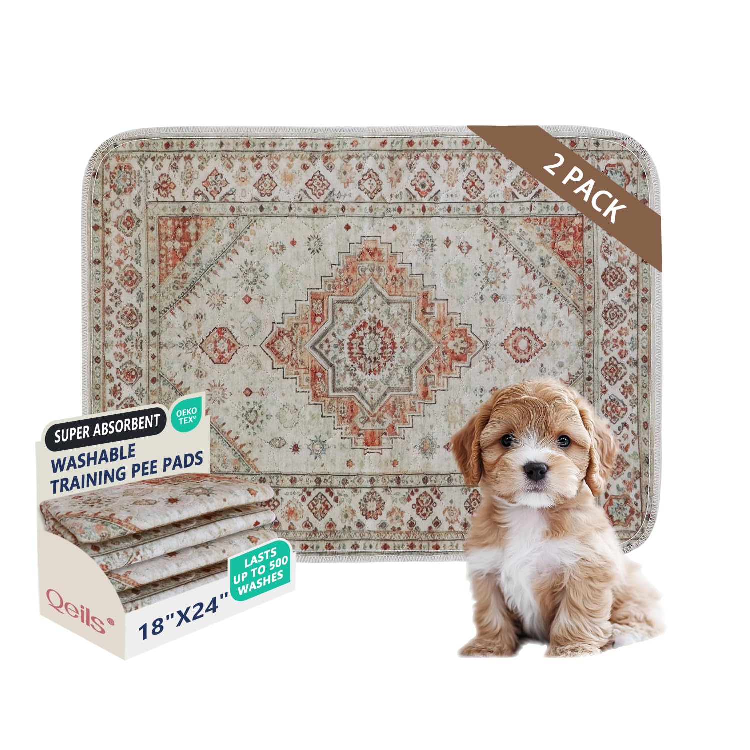 Qeils Washable Pee Pads, Super Absorbent Puppy Pads, 2 Pack 18"x24"