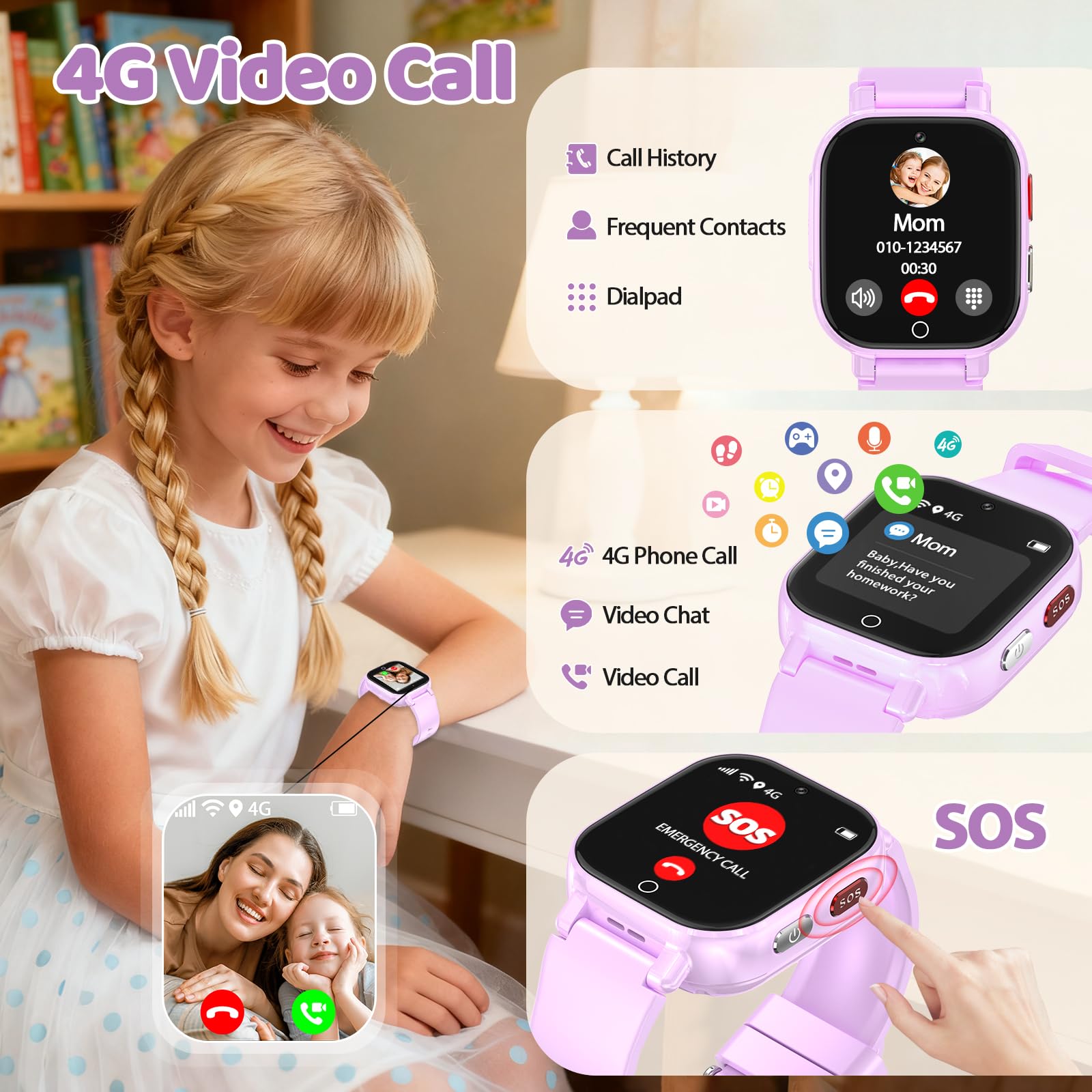 Reloj Inteligente Niño 4G Llamadas, Smartwatch Niños con GPS Telefono Videollamada SOS Chat de Voz Modo Clase Cámara Cronómetro Podómetro Calculadora, Reloj Infantil Niño Niña de 4 a 12 Años, Violeta