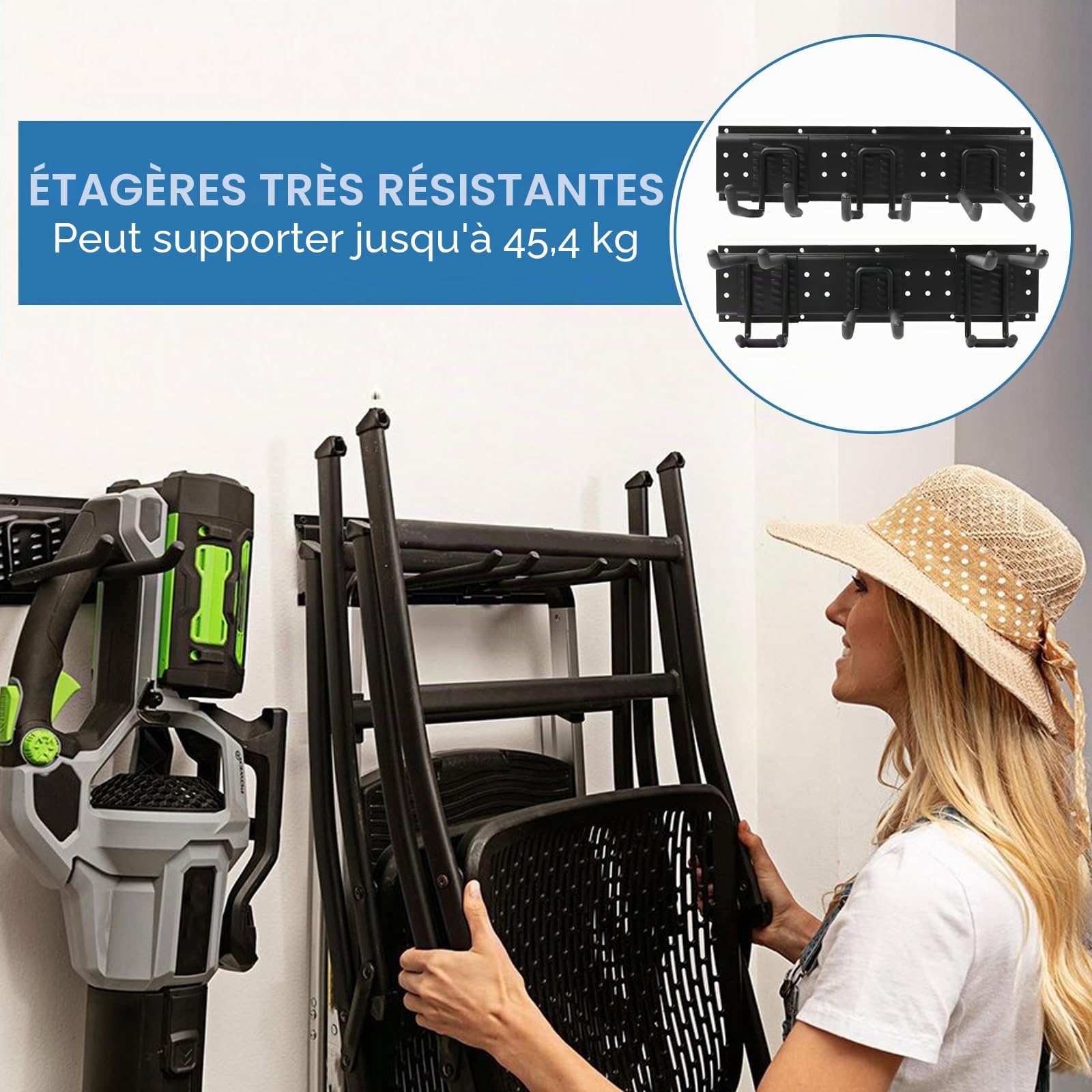 Support Mural pour Outils de Jardin 122 cm, Support Métal Lourd pour Garage, 3 Panneaux Réglables + 10 Crochets en Acier pour Pelles, Chaises, Échelles et Outils de Jardin,Noir