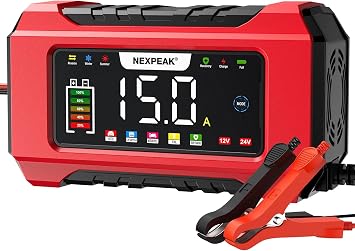 NEXPEAK 15-Amp Battery Charger, 12V 24V LiFePO4 Lead Acid Portable Car Battery Charger 9-Stage Trickle Charger Smart Battery Maintainer w/Temp Compensation for Car Truck Lawn Mower Boat Marine NC215