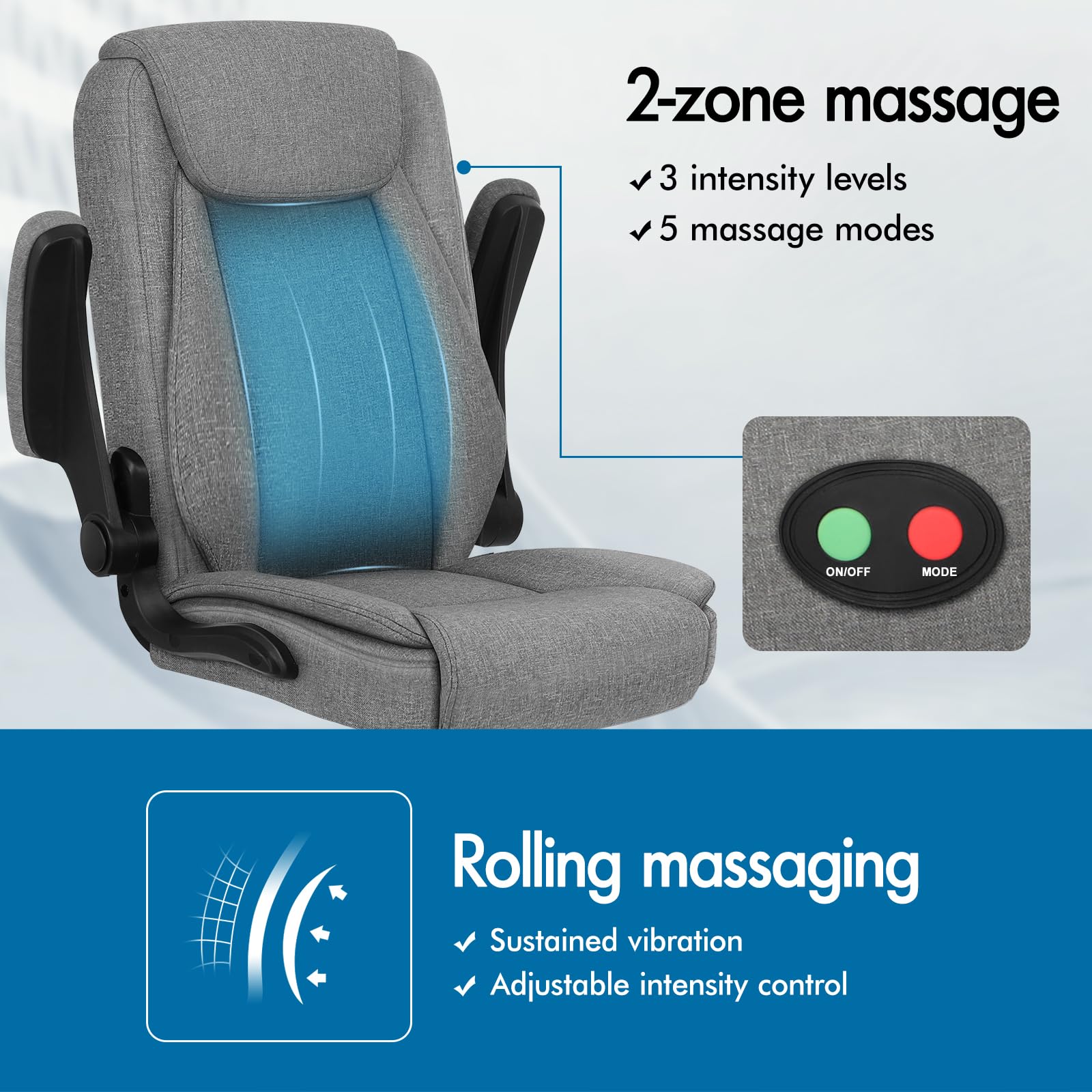 ALFORDSON Ergonomiczne krzesło biurowe z masażem, krzesło biurowe wykonawcze z wysokim oparciem, składane podłokietniki, funkcja przechylenia, do recepcji, domu, komputera, gabinetu, tkaniny lnianej