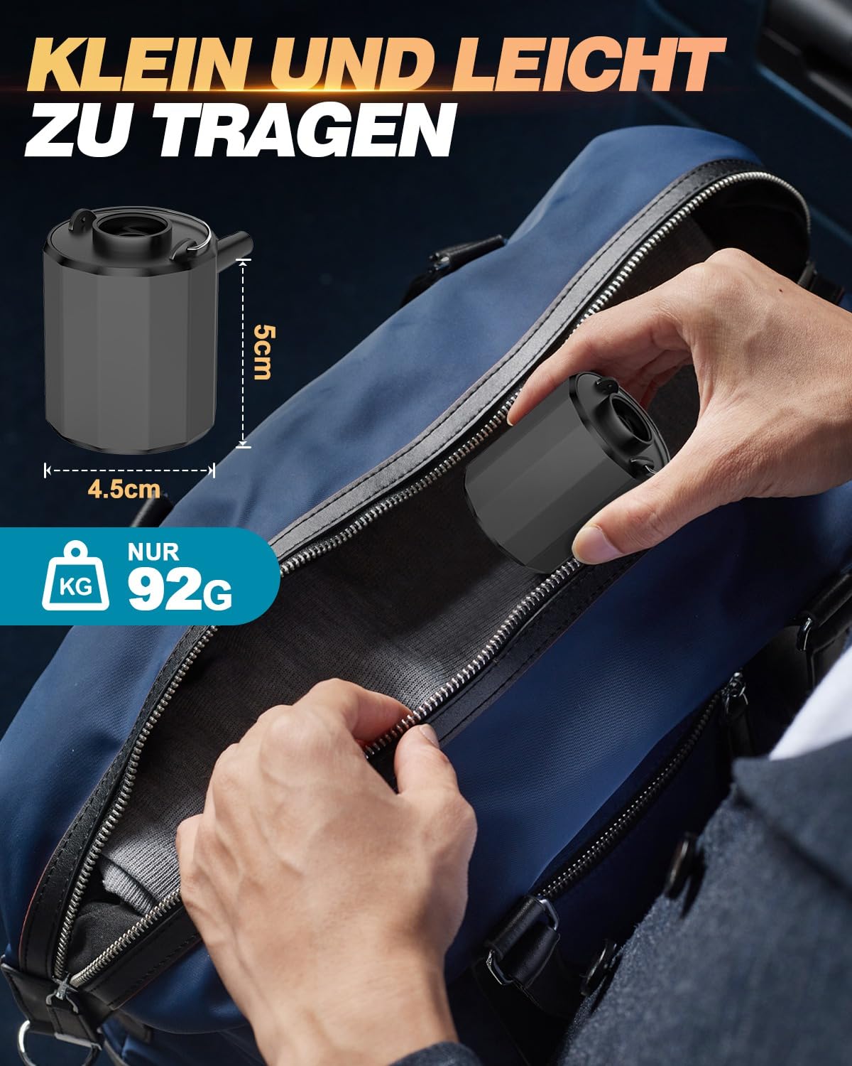 Elektrische Luftpumpe, Tragbare Mini Pumpe zum Inflate und Deflate, Wiederaufladbare Akku Luftpumpe mit 5 Luftdüsen & Campinglampe, 5000 Pa Pumpe für Camping Isomatte, Luftmatratze, Vakuumbeutel