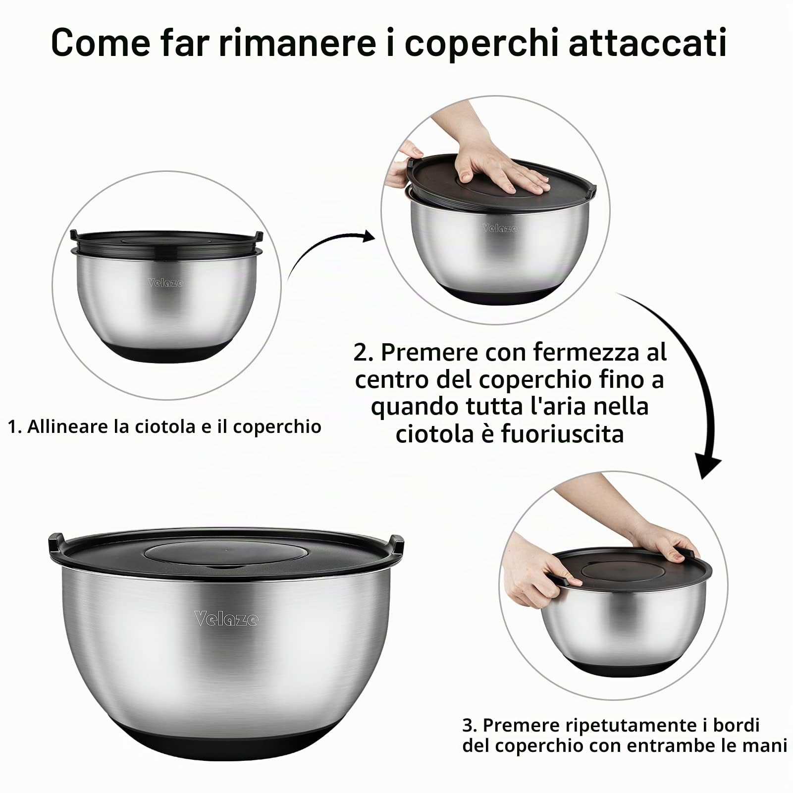 Velaze Set di ciotole in acciaio inox, 5 pezzi, insalatiera con coperchio, 3 inserti per grattugia, fondo in silicone antiscivolo, 5 l, 3 l, 2 l, 1,5 l, 1 l, diverse misure per diverse esigenze